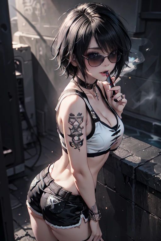 ((best quality)), ((masterpiece)), (detailed),(depth), perfect face, evil girl, sexy, visible armpits, visible belly, revealing clothes, Laying down, side ways, full body,  on a grave, short black hair, "Ace of clubs" tattoo, evil glowing eyes, green eyes, smirk, holding a knife