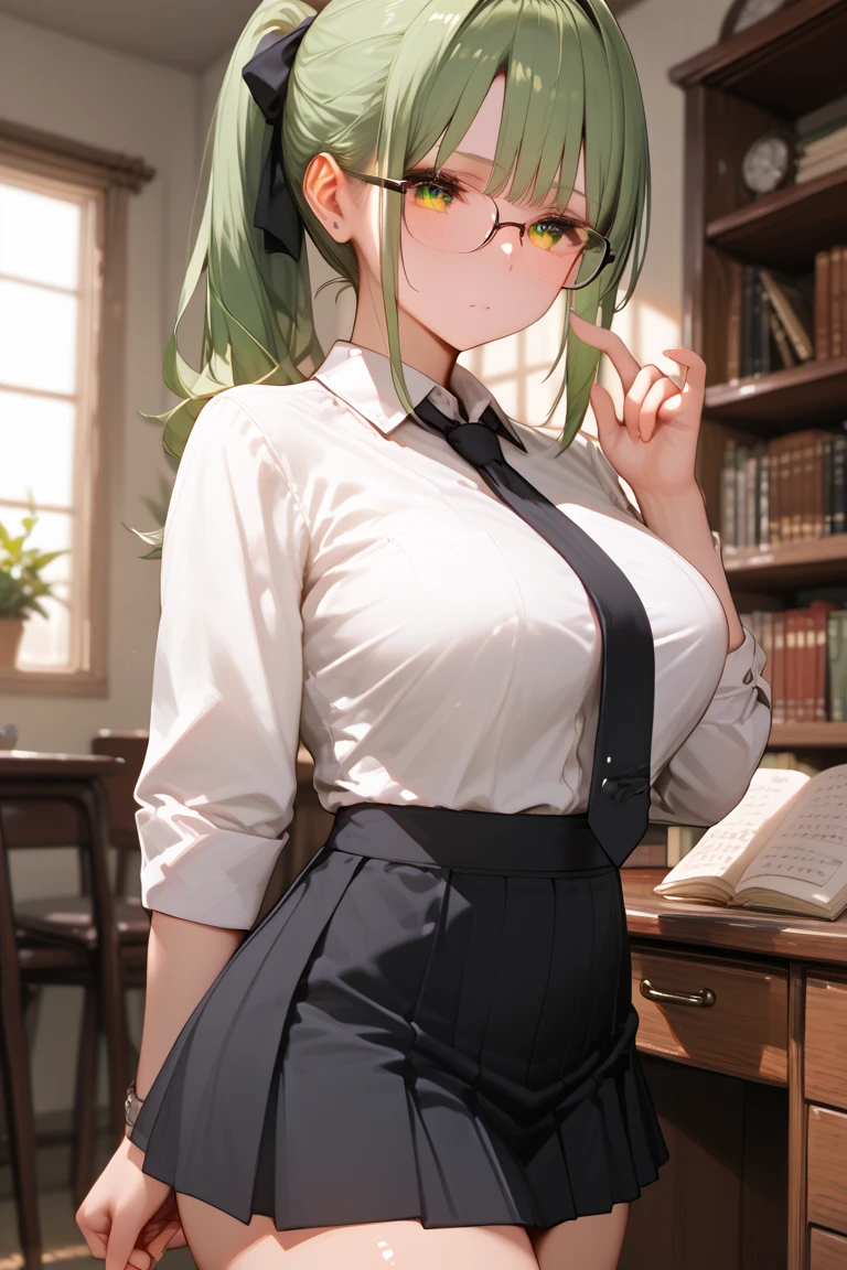 (masterpiece, best quality), highly detailed, photorealistic artwork, sfw, (from above), 1girl, brown eyes, glasses, blush, green hair, hair ornament, big breasts, office lady, formal, standing, looking up, looking at viewer, indoors, office background, office desk, office chair, (depth of field), (bokeh:1.4), (pastel colors:0.8), [film grain], (by ligne claire:1.2), absurdres, dramatic studio lighting, soft shadows