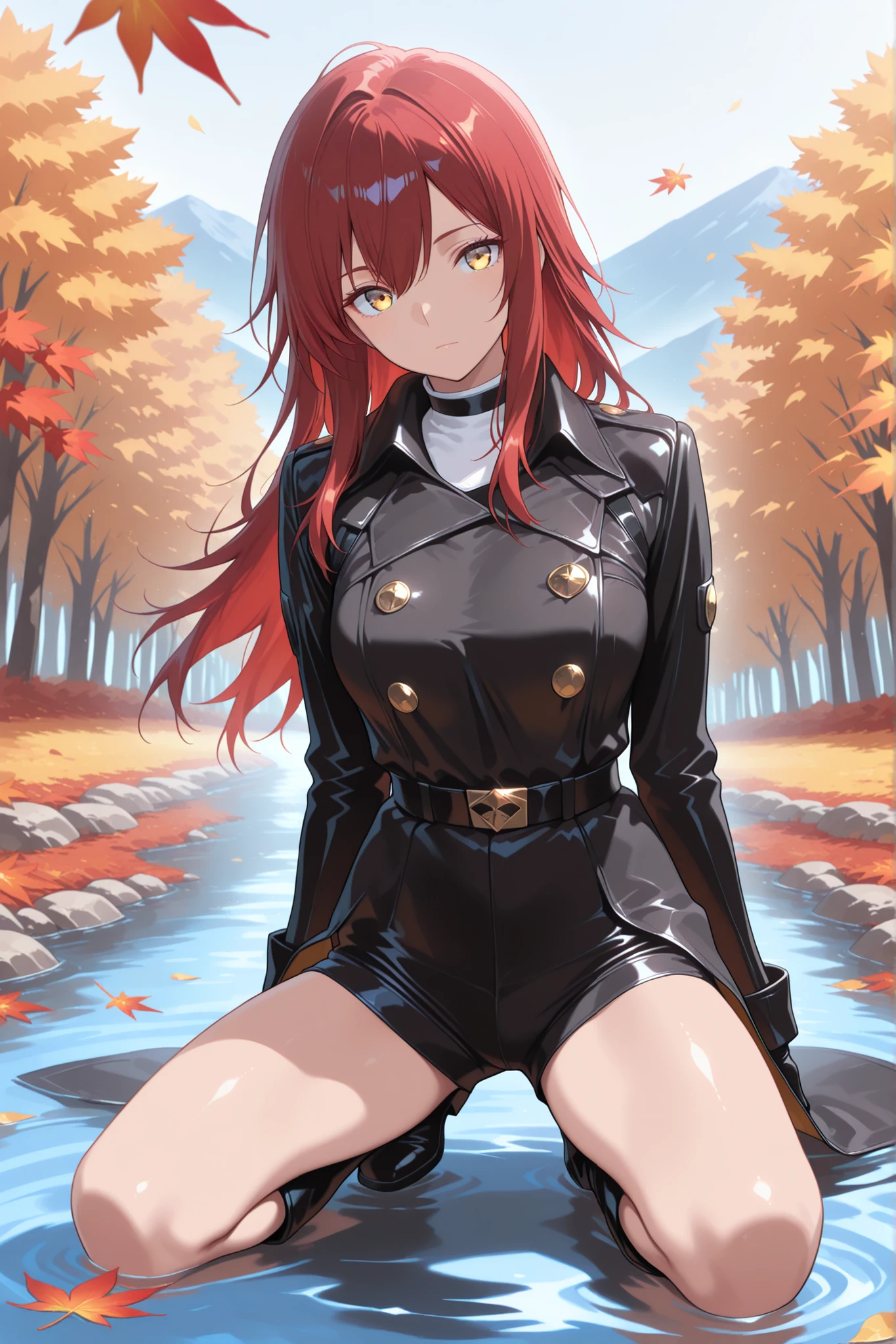 masterpiece , best quality , amazing quality , very aesthetic , absurdres , highres , newest , HDR , 8K , high detail RAW color art , sharpe pupil , eyelashes BREAK Japanese autumn landscape, mountains covered in vibrant autumn foliage, with shades of red, orange, and yellow blending harmoniously, stream flows through the scenery, with fallen leaves floating on the water, warm sunlight softly illuminates the landscape BREAK 1girl, solo, portrait, long hair, red hair, long sidelocks, golden eyes, closed mouth, hair between eyes, looking at viewer, black short shorts, black kneeling boots, black belt , black choker , black coat ,