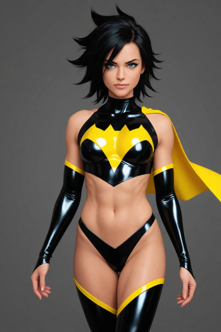 8k, RAW photo, best quality, ultra high resolution, photorealistic, (slim) girl with black purple short undercut haircut, eye makeup, solo, full body, legs, abs, slender body, black eyes, beautiful eyes, small breasts:1.3), masterpiece, highly detailed, shiny blured grey background, gradient sprayed background, gradient red purple background, blured background, glowing edges of image, batgirl suit