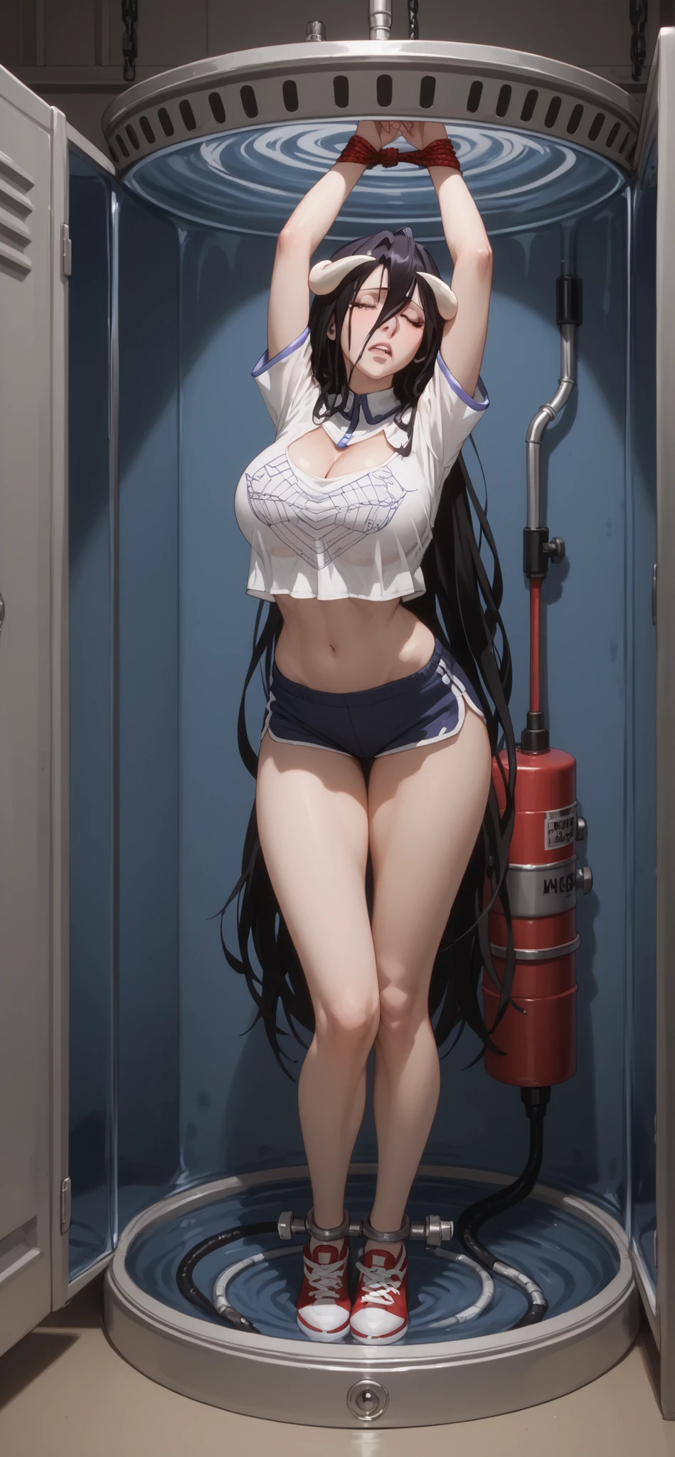 albedo , Trapped inside a container, closed eyes, with arms tied behind his back, room, white blouse, white thongs with print, gas tank, Mascara, style big breasts, red tennis shoes, dark museum in the background,