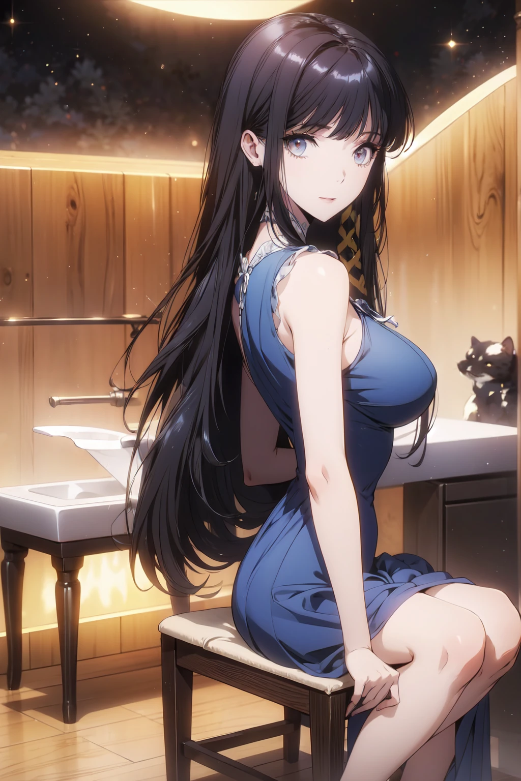sksbrooke person, sksbrooke, (masterpiece:1.2), (best quality:1.2), perfect eyes, perfect face, 1girl, solo, brown eyes, (medium breasts), perky breasts, sparkling blue dinner dress, restaurant background, low lighting, back turned