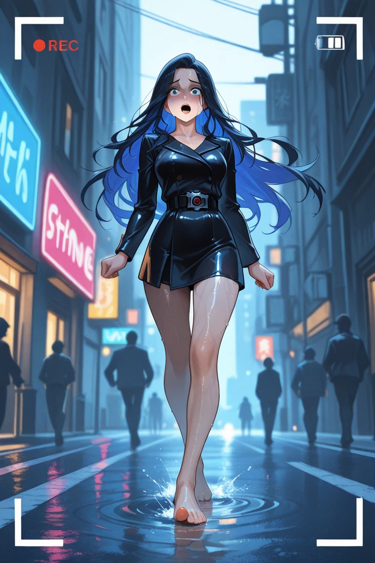masterpiece, best quality, very aesthetic, absurdres, newest,1girl,naked_shirt, covered_nipples, ,ranni_the_witch, elden_ring, blue_eyes, blue_hair, blue_skin, colored_skin, (4arms:1.2), doll_joints, medium_hair, wavy_hair, white_hat, witch_hat,,,Cyberpunk City, Street, Night, neon light, neon sign,