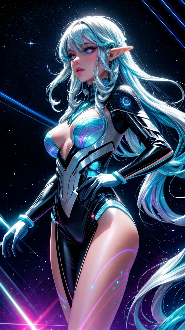 best quality, 32k, incredibly absurdres, extremely detailed, Intelligent beauty, silver short ponytail, red eyes, excited look, shiny seamless enamel latex rubber bodysuit, sparkling, shining brightly, shiny chrome plated, shiny gold plated, shiny silver plated and sparkling, shining brightly, finely crushed ruby, pink sapphire, blue topaz, emerald, amethyst, diamond, crystal, rainbow moonstone, white opal room, steampunk, dieselpunk, clockpunk, blend art, mixture art, fractal art, art design, motion-blur, action-lines, speed-lines, background swirl, static electricity, electric discharge, geometric pattern, irregularity, mysterious, sign of something happening, image processing with mysterious effects, translucent, fantastic haze, scattered gold powder, iridescent wind-effect, light-effect, professional lighting, BREAK , background tarot card style image, gear shape in iridescent, rainbow colors neon line light, variety of visual styles that combine various artistic elements like a sparkling iridescent rainbow