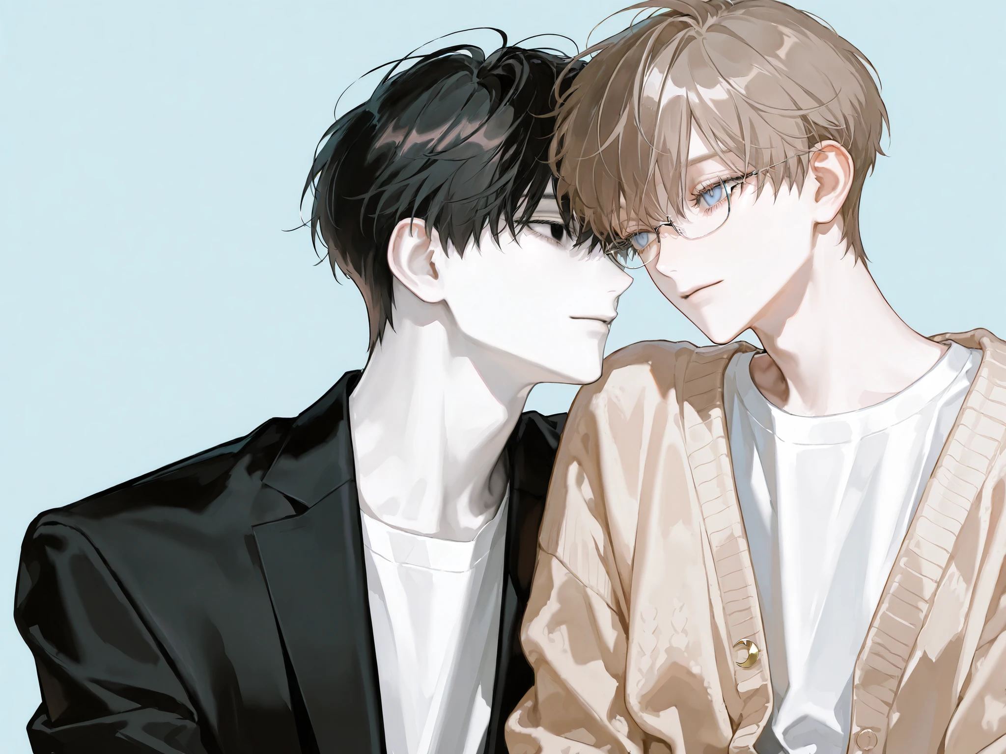 (1 boy, kind, soft, light wheat brown hair, short hair, soft pastel blue eyes, ((soft smile)), crescent eyes, droopy eyes, eyelashes, pale skin, wearing a loose cardigan, over a t-shirt, ((no glasses))),
(1 man, black eyes, black hair, short hair, black suit, half rimless glasses, pale skin)
couple, boys love, eye contact each other, lovely, love