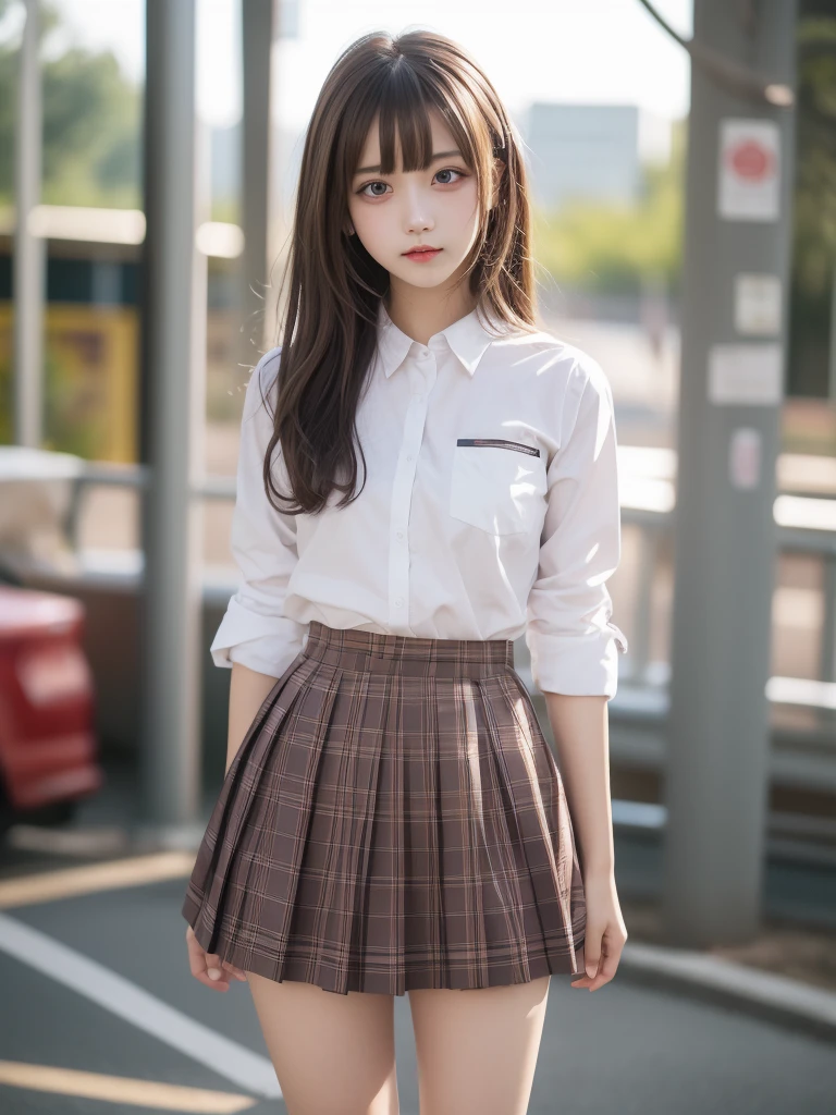 (masutepiece),((Ultra-detailed)), (High Definition CG Illustration), (Best Quality:1.2),realistic8K UHD, High Definition,(1girl in:1.2),high quality texture, Intricate details, Detailed texture, high detailing, extremely details CG, high quality shadow, realistic representation of face, Detailed beautiful delicate face, Detailed beautiful delicate eyes, brown eye pupil, A perfectly proportioned face, depth of fields, Cinematic Light, Lens Flare, Ray tracing,Perspective,20s, a prominent nose, Slender face, Tall Girl, (Big eyes:1.2),Blushing cheeks, Perfect body,(Narrow waist:1.3), medium breasts, Distinct_image, high_resolution, (Lustrous skin), Solo Focus, (Brown hair), (finely detailed beautiful eyes and detailed face),(Detailed face), light source contrast, Loose fluffy curls long hair, ((elil_smile)), (pureerosface_v1:0.5) , (ulzzang -6500-v1.1:0.5), striped shirt, Pleated skirt with tartan check, high heeled shoes