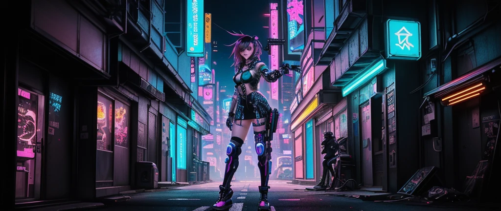 (Tabletop, Highest quality, Top quality, Official art, Beautiful, Aesthetic:1.2),(One girl:1.4),Full body,([pink|blue] hair:1.5),Highly detailed,(Fractal art:1.3),(Colorful:1.5),Best detail,(Mechanical mods:1.3),(Modified:1.2),Maiden,(Complex mechanical conduit inserted:1.5),Catheter,(Neon background:1.4),(Neon city:1.75),Night,(Gothic_Lolita:1.2),High heels,Make up,Blush,(Cyberpunk:1.4),((Watching the viewer:1.3)),Sofia Boutella, Brunette, Tan, Huge , Nikon D850 Film Stock Photos 4 Kodak Portra 400 Camera F1.6 Lenses, Rich colors, Ultra realistic textures, Dramatic lighting, UnrealEngine, Trending on Artstation, Cinestill 800,