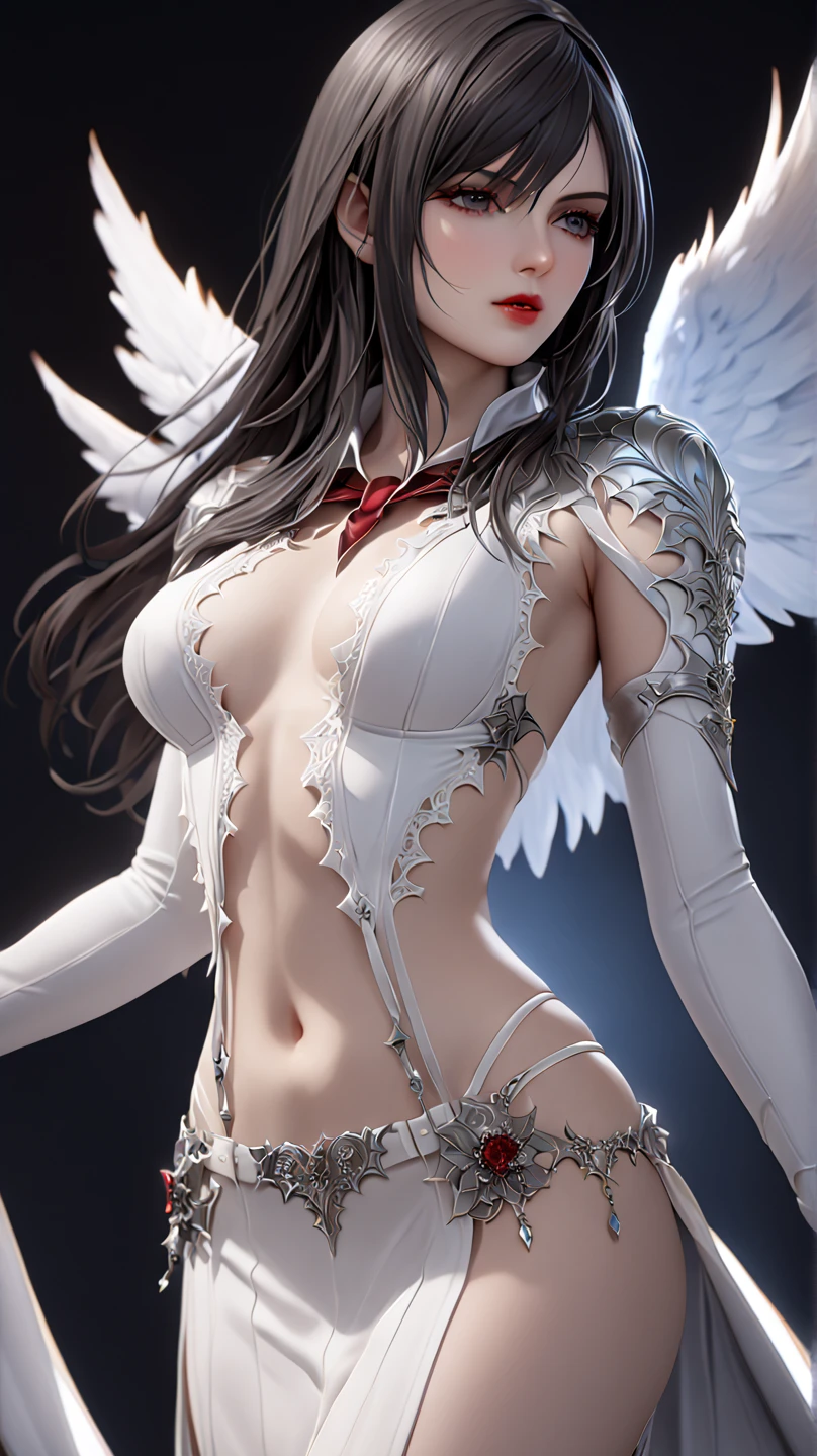a beautiful goddess with large wings. The angel is mid-fall, with her long hair flowing dramatically. The wings are primarily white but stained with red, art nouveau background, contrasting with the lighter tones of the figure and her wings , beautiful belly breast, large hanging breasts ,medium long body shot ,elegance pose