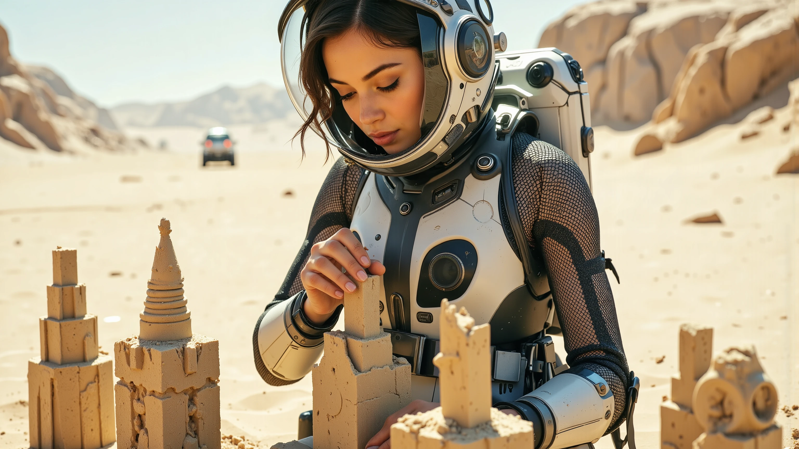 A young woman in a futuristic space suit, kneeling on a sandy planet, building intricate sandcastles with a serene expression. The scene is framed mid-shot, with the vast, barren landscape of the planet in the background. Soft, diffused lighting highlights the details of her suit and the sandcastles. The composition centres on her hands as she carefully shapes the sand, with a sense of tranquillity and focus. extremely detailed realistic natural skin with skin pores, perfect face, highly detailed face and lips, ray tracing, UHD, HDR, 16k, DSLR, masterpiece, photorealistic, award-winning.
