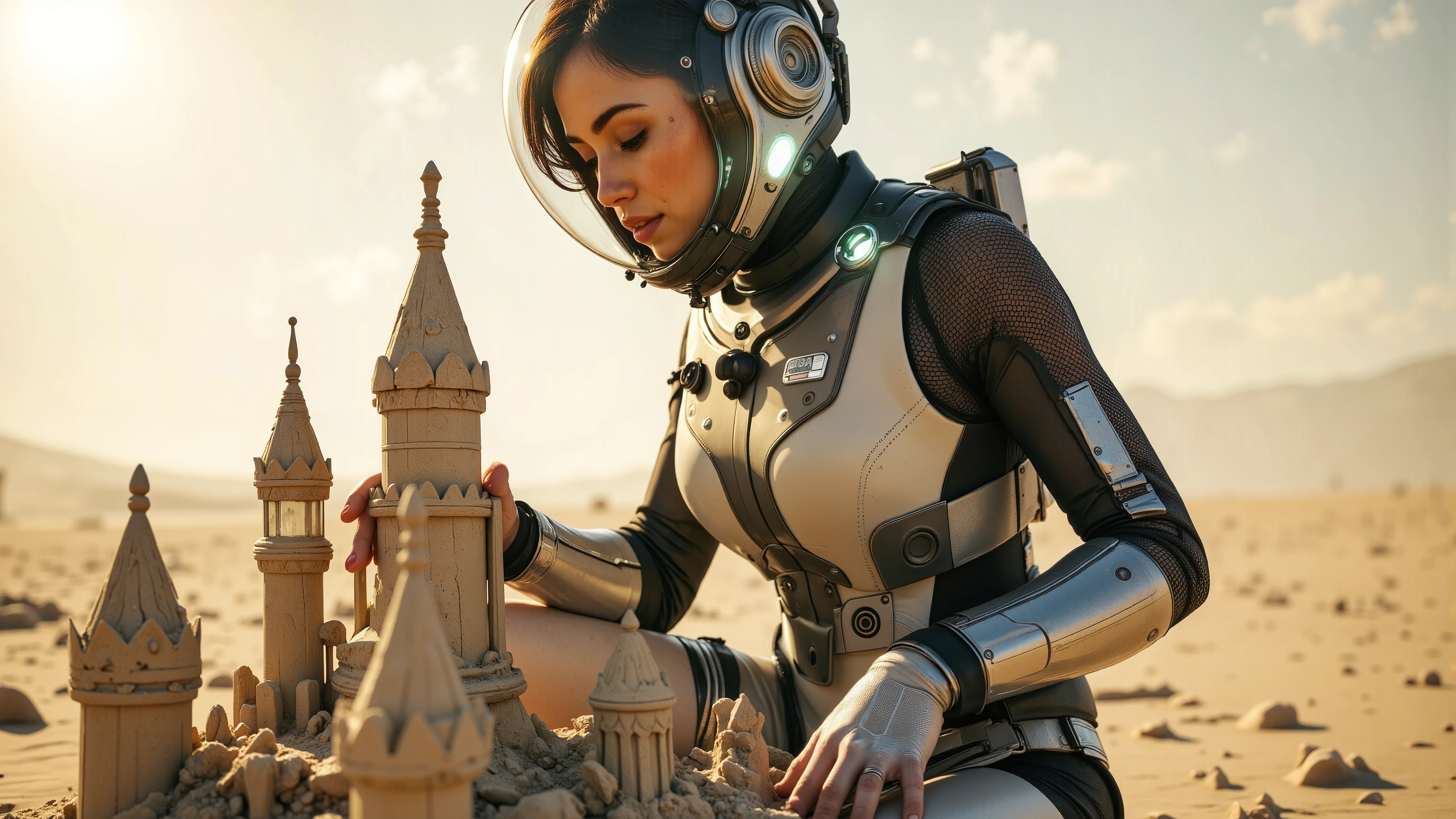 A young woman in a futuristic space suit, kneeling on a sandy planet, building intricate sandcastles with a serene expression. The scene is framed mid-shot, with the vast, barren landscape of the planet in the background. Soft, diffused lighting highlights the details of her suit and the sandcastles. The composition centres on her hands as she carefully shapes the sand, with a sense of tranquillity and focus. extremely detailed realistic natural skin with skin pores, perfect face, highly detailed face and lips, ray tracing, UHD, HDR, 16k, DSLR, masterpiece, photorealistic, award-winning.
