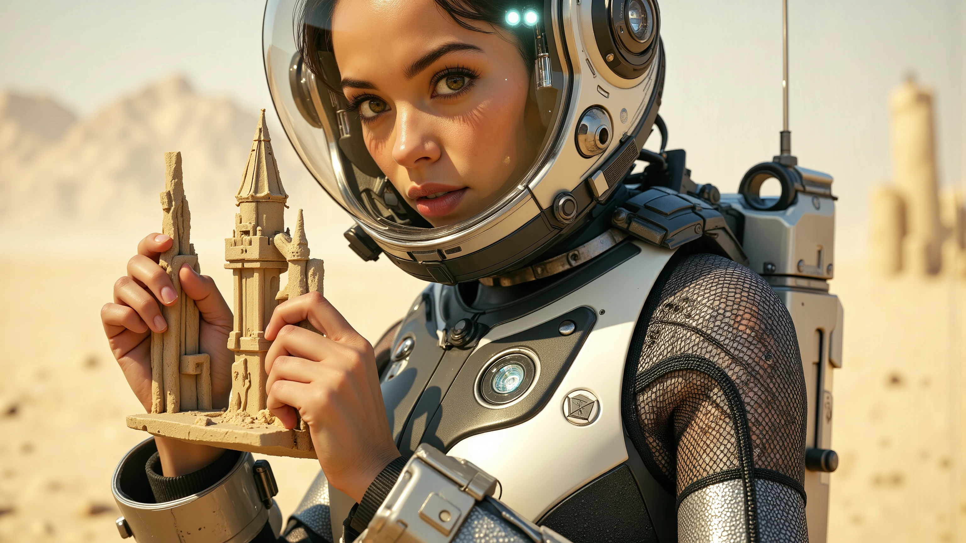 A young woman in a futuristic space suit, kneeling on a sandy planet, building intricate sandcastles with a serene expression. The scene is framed mid-shot, with the vast, barren landscape of the planet in the background. Soft, diffused lighting highlights the details of her suit and the sandcastles. The composition centres on her hands as she carefully shapes the sand, with a sense of tranquillity and focus. extremely detailed realistic natural skin with skin pores, perfect face, highly detailed face and lips, ray tracing, UHD, HDR, 16k, DSLR, masterpiece, photorealistic, award-winning.