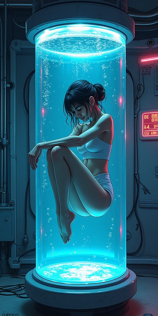 Inside the backroom’s world,Inside the closed pool rooms,outside the dark world,the pools gones forever,space,one 20years old woman,blonde short hair,sitting on the pool side,