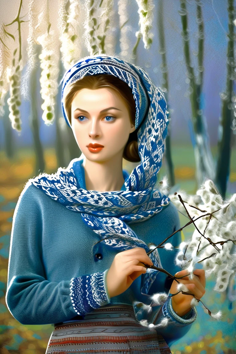 [portraite of a:Young Slavic girl in elegant scarf, Complicated details, (Todd Schorr's style ):20]:scenery, In the Russian village, Sitting on a bench near a white birch tree, Russian paraphernalia, improvisation, 19th century, ((Shishkin style )), Hyper Artistic, Deep drawing of the plot, /rot:0.2/blau:0.2/chlorine:0.2/gris:0.2, Gradient oil