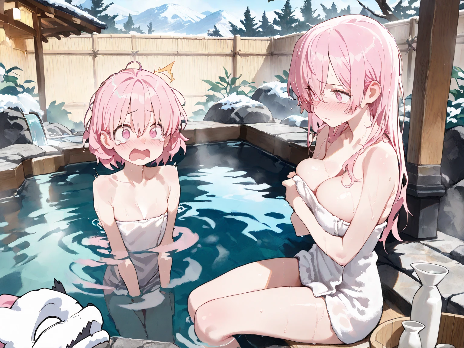 Masterpiece,ultra detailed,best quality,2Girls, short, (dwarf), flat chest, boyish, very short hair, NSFW, nude, handjob,holding penis,tall man,cum in mouth cum on face, bukkake,hot spring, outdoors, smiling, double teeth,