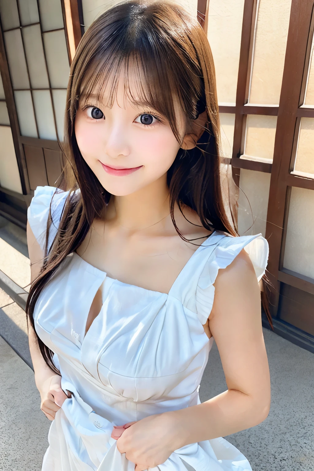 (Dynamic Angle:1.3),Extreme close up,((the wind is strong)),映画ofハイライト,1人of女of子,Upper Body,dancing,View your viewers, ((丘of上で, alone)), jewelry, blank eyes,brooch, 茶hair,( 長いhair:1.2),floating hairlong_sleeve, ribbon, Jacket, dress, gem, hair_ribbon,null, depth_of_Field, a close view of flying petal,Smiling face,((wince))