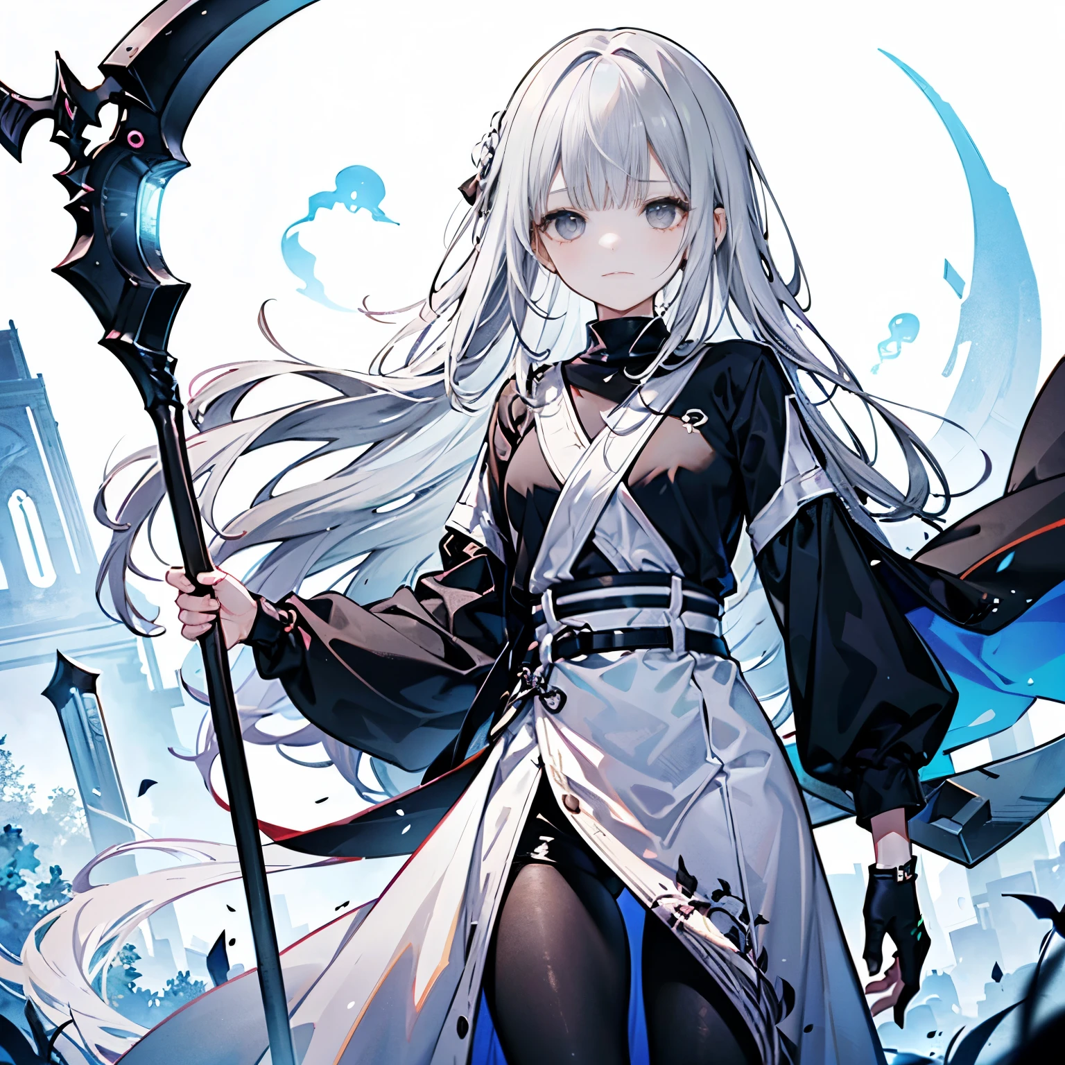 1girl, 18 years old, long white hair, white eyes, white short long dress, princess death, skull hair clip, serious, holding a scythe, boobs, hour glass body.
