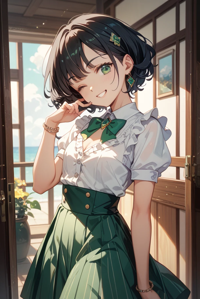 natsuiro matsuri、1 girl、solo、Dark Brown Hair、{{short hair}}、(masterpiece)、Ponytail hairstyle、{{tsurime}}、{smile、Open your mouth、Small breasts}、Green eyes、Athletic build