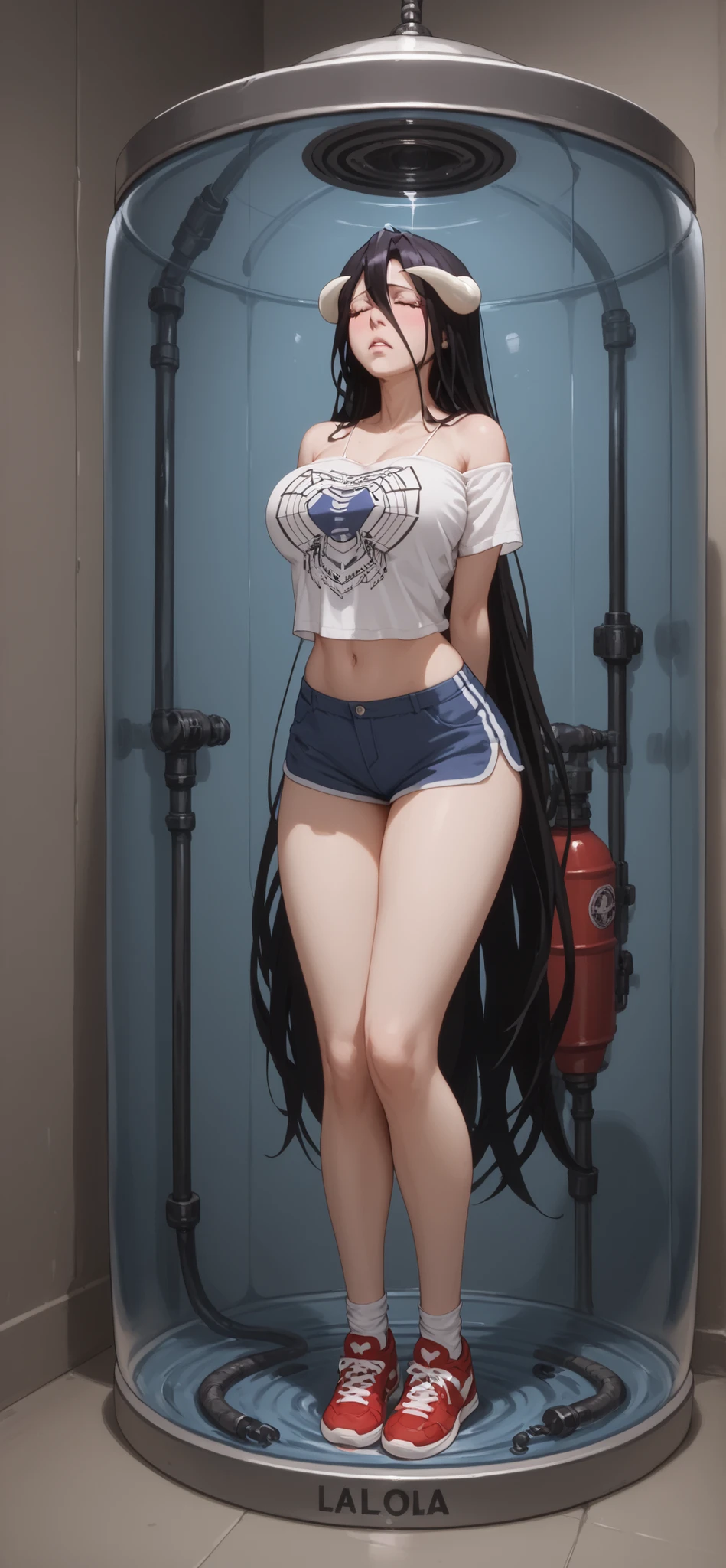 albedo , Trapped inside a container, closed eyes, with arms tied behind his back, room, white blouse, white thongs with print, gas tank, Mascara, style big breasts, red sneakers , dark museum in the background,