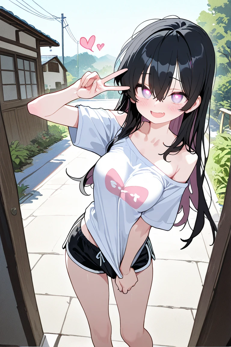 One girl, Black Hair, Large Breasts, Pink eyes, Bangs, Very long hair, Straight Hair, Illustration, anime, anime風, ,Young,Red face, underwear