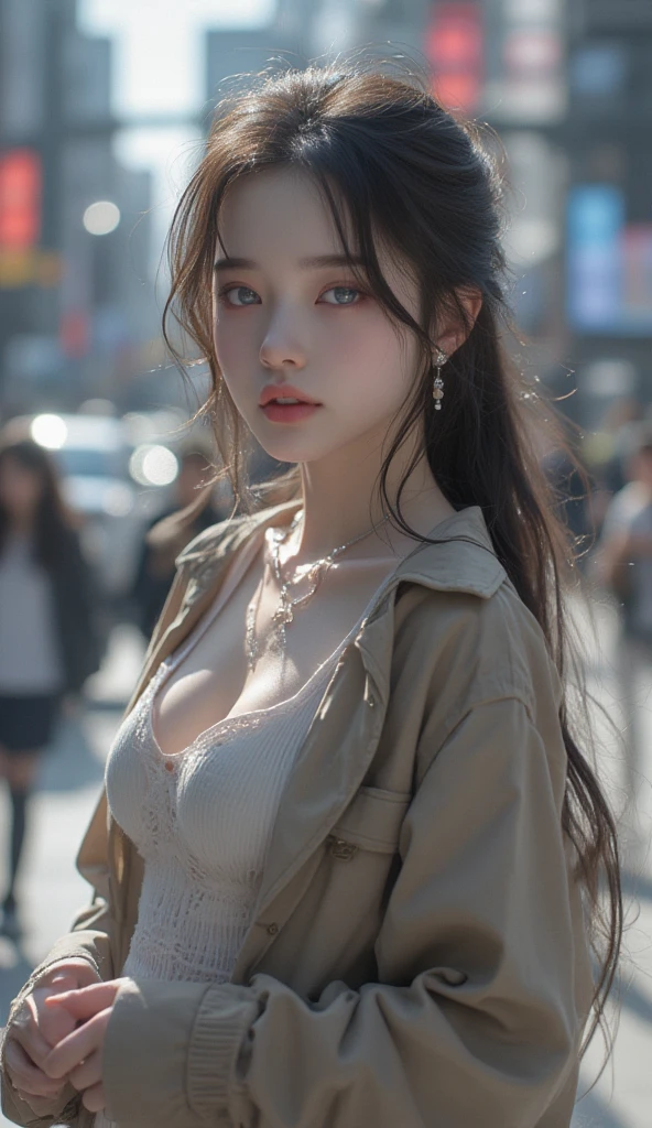 1girl, (looking at viewer:1.2), detail face, (a girl standing, rending on cgsociety, black shadows, streaming, new york backdrop), romanticism, atmospheric, (RAW photo, best quality), (realistic, photo-realistic:1.3), masterpiece, an extremely delicate and beautiful, extremely detailed,Hair in a bun，Wear delicate earrings， D cup，Cleavage，Semi-transparent deep V silk dress1.5，
