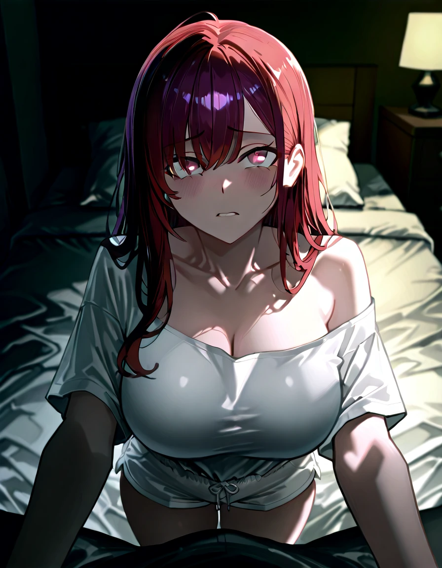 kusanagi motoko, Purple colored hair, red eyes, （Highest high resolution，distinct_image）Best quality at best， woman， tmasterpiece， highly  detailed， Half realistic， 21 years old， adolable， 年轻， big breasts beautiful，  Oversized Transparent T-Shirt， shirt pulling， The collar is around the neck， inside in room， Modern bedroom， janelas， waking up， morning， Be red in the face