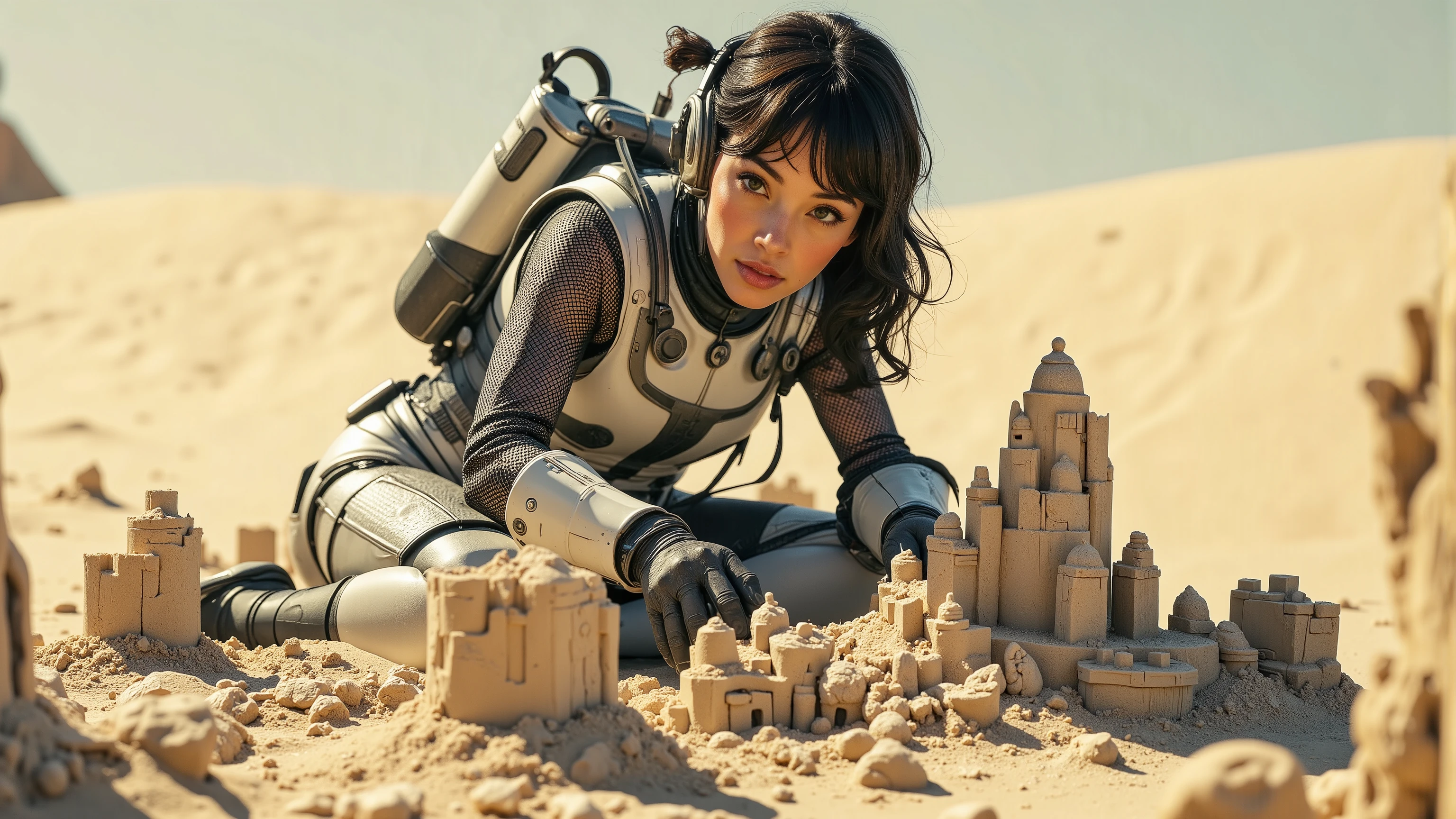 Render a stunning mid-shot of a serene young woman in a futuristic space suit, kneeling on a sandy planet as she crafts intricate sandcastles with focused intensity. Framed against the vast, desolate landscape, soft, diffused lighting accentuates her suit's details and the castle's delicate features. The composition centers on her hands, showcasing the precision of her craft. Her skin, a masterpiece of photorealism, exhibits extremely detailed pores, a perfect face, and luscious lips. Ray tracing and UHD/HDR technology bring this 16K image to life, reminiscent of a DSLR's exceptional quality. A true work of art, worthy of awards.