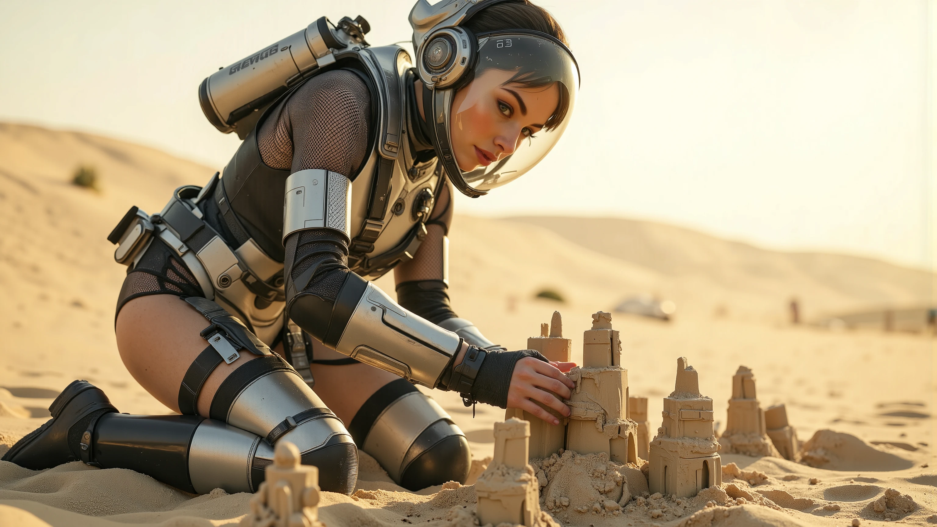 Render a stunning mid-shot of a serene young woman in a futuristic space suit, kneeling on a sandy planet as she crafts intricate sandcastles with focused intensity. Framed against the vast, desolate landscape, soft, diffused lighting accentuates her suit's details and the castle's delicate features. The composition centers on her hands, showcasing the precision of her craft. Her skin, a masterpiece of photorealism, exhibits extremely detailed pores, a perfect face, and luscious lips. Ray tracing and UHD/HDR technology bring this 16K image to life, reminiscent of a DSLR's exceptional quality. A true work of art, worthy of awards.