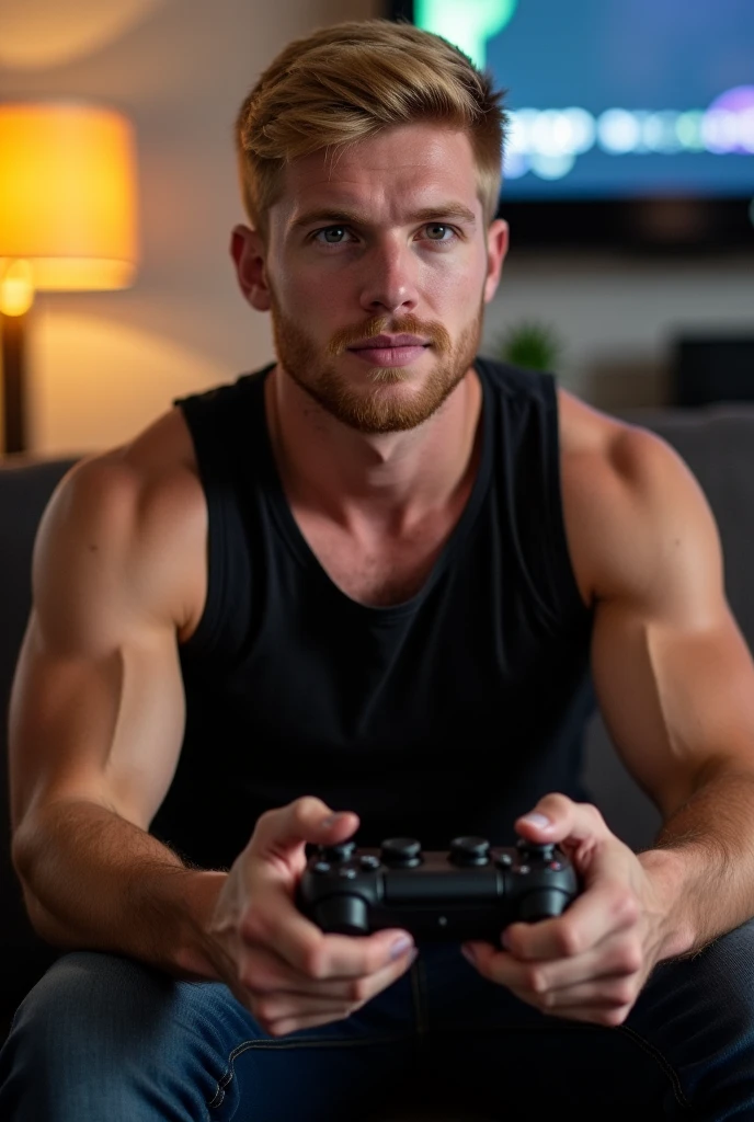 photorealistic, best quality, masterpiece, extremely detailed, (side view), extremely handsome, 30 year old borneo man, no facial hair, muscular build, wearing 8bit graphic tshirt, laughing out loud, looking directly at camera, holding a video game console controller in right hand, punch left fist into the air, sitting on couch, in fun bedroom, movie posters on the wall, extremely romantic atmosphere, perfect face, perfect fingers, perfect hands, perfection