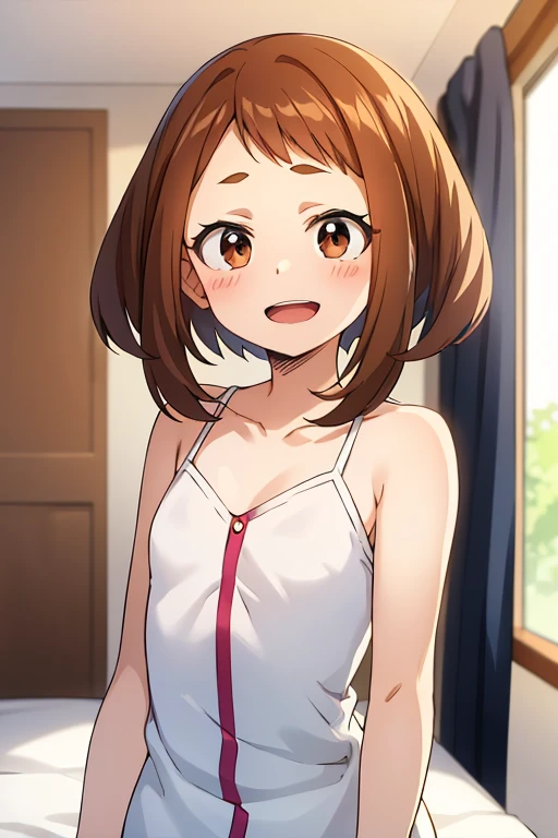 masterpiece, best quality, high quality, 1girl, solo, , looking at viewer, mochizuki_yuuya, brown hair, brown eyes, bangs,smile,camisole,shorts,,my room,small breasts,(nsfw),sweating