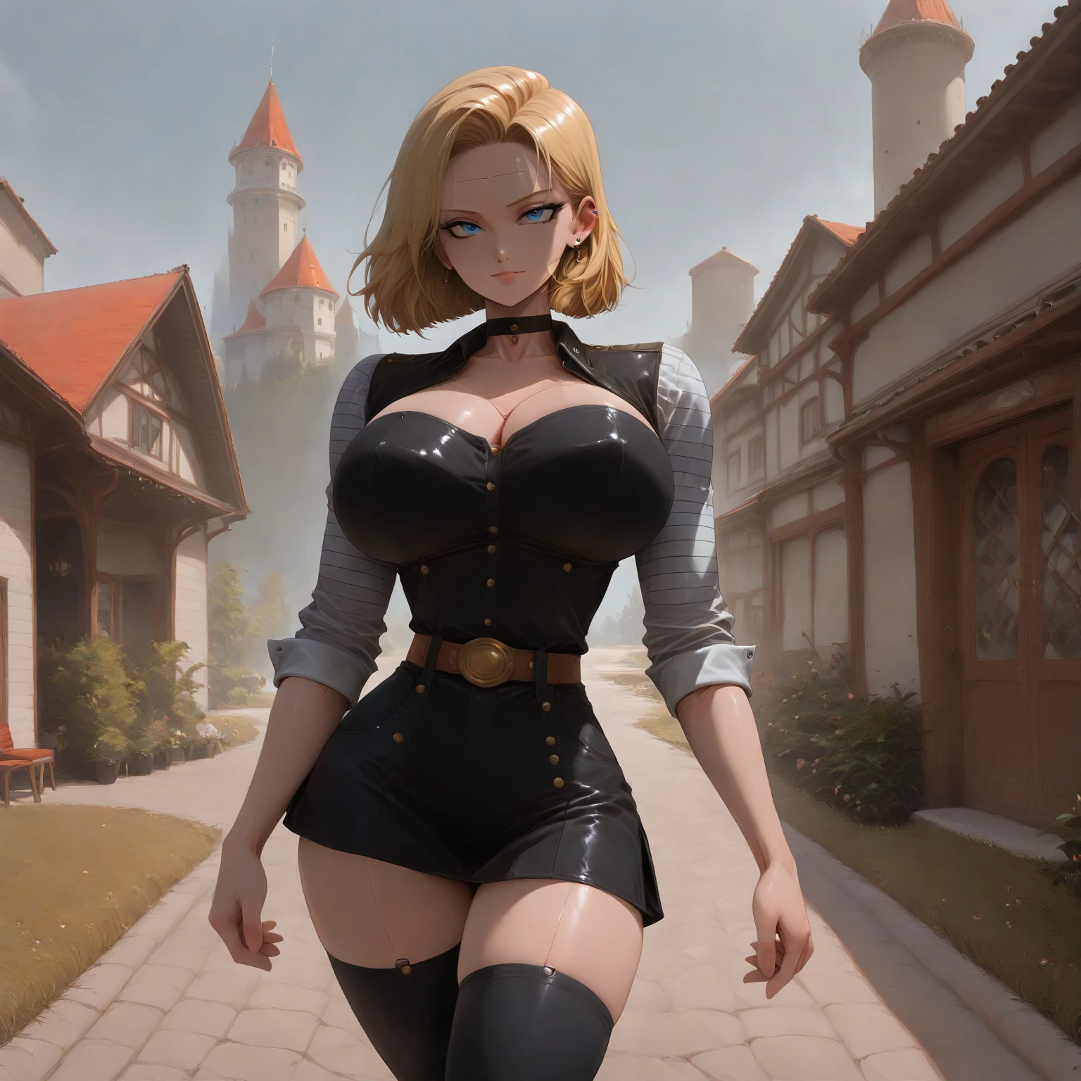 best quality, highres, and18, 1girl, android 18, solo girl, 1girl, blonde hair, blue eyes, belt, high heels, tight black lycra skirt, gold necklace, white blouse, short hair, dark blue sweater, earrings, reading glasses, medium breasts, cowboy shot, mountains, straight-on, (weather: raining and windy), wet body, sexy smile, combat stance, thigh high stockings, garter belt, battle ruins, wide hips, thick legs, torn clothes, closed fists, hair pin,