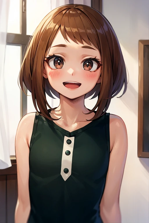 A little cute girl is smiling at you. She's got matcha hair, brown eyes. She's wearing a brown and beige dress and brown and beige cat ears.