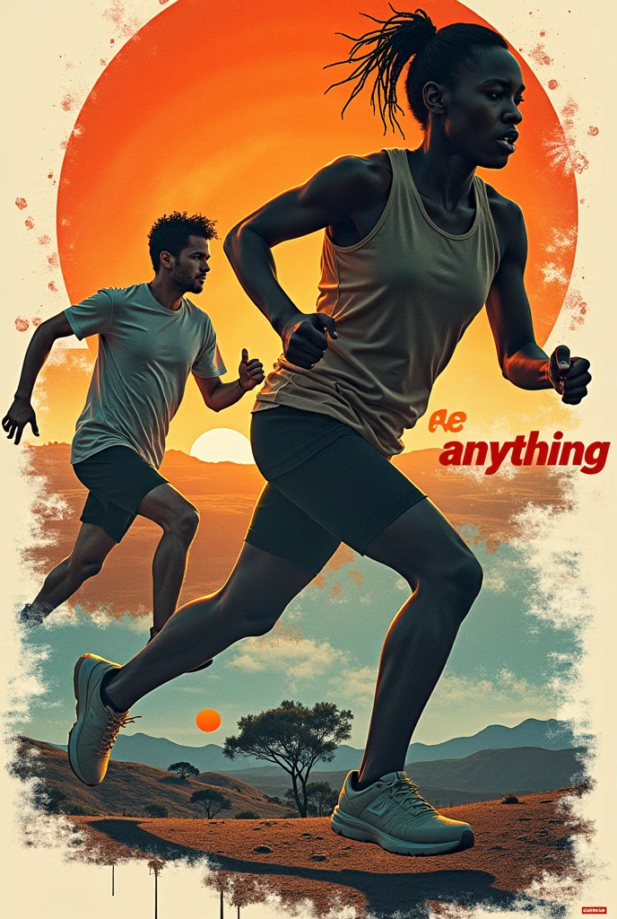 Two people walking on the beach at sunset, canvas, Correr libremente, detalhe poderoso, Medium Shot Shot, Artistic interpretation, Banner, amazing depth, 5 k, 5k, novel cover art for a book, Blood trails followed behind it, Running on the edge of space, you won't believe it, Showcase, art concept for a book cover, people running,Around the welcome party(The "new" light is shining and chasing the dream of youth)Theme helps me generate a poster