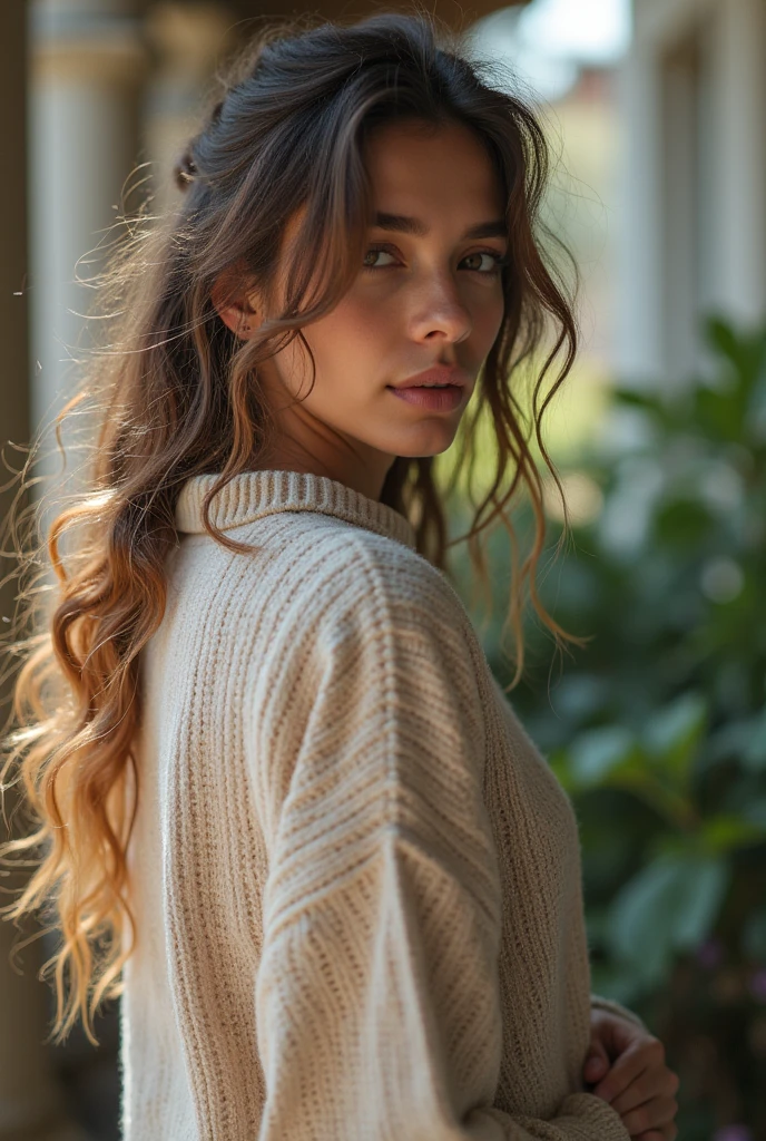 Photorealistic Image Prompt: "High-resolution image of a cute Iranian girl with curly brown hair, soft expression, with the environment of a small boutique and a display window. Art style: soft focus, golden ratio, natural light.