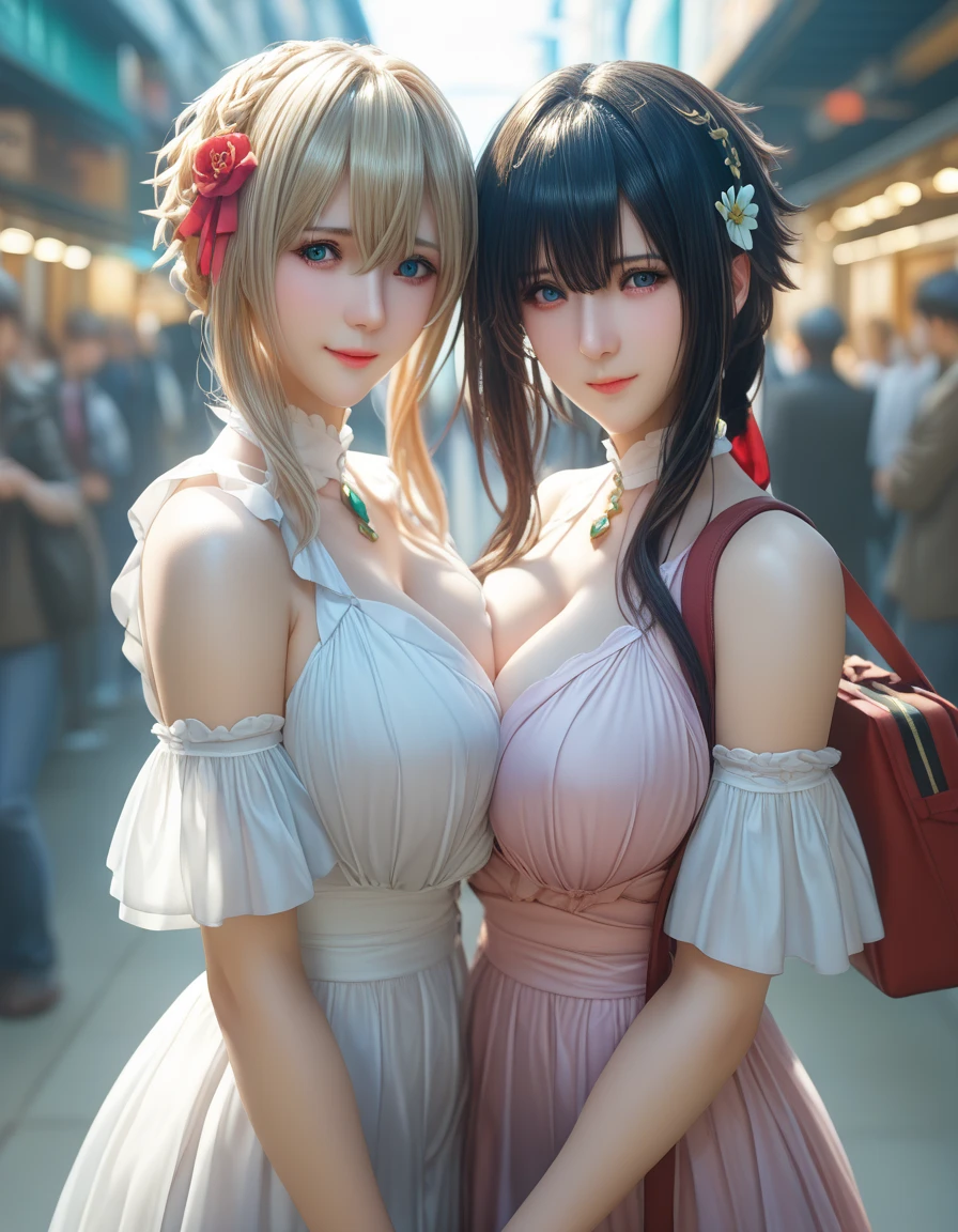 (8k,Super details,best masterpiece,nature,Perfect work of art,perfect female figure),two women,sister and sister,sisters,Rainbow hair,perfect face,(huge),Neighbor's Wife,woman hairstyle,elegant wife,mature and exposed,20 years old,fair skin,messy hair,Perfect sexy body,Wear a fitted and sexy tunic dress,Red lace white bottom strapless short dress,Hot and sexy secretary,wear glasses,walking on the street,Carrying a shopping bag,Water Splashing Festival,A lot of water was poured on,The whole body is soaked,But happy,Smile,Detail background,necklace,perfect eyes,, T-shaped small size,huge的山雀