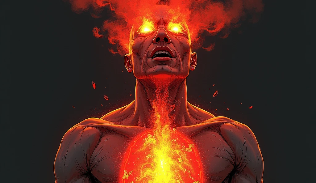 Strong man sitting backwards in a chair with his head on fire