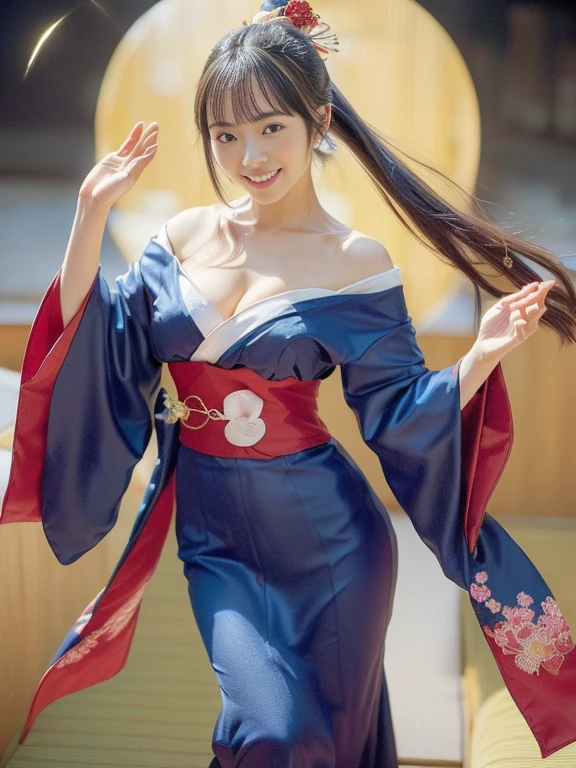 woman posing for a photo(Kimono_Clothes、doress:1.3)、Kimono with a  pattern、Half-like face、Beautiful shape、beautiful dark blue eyes、long wavy brown hair、
Good Hand、hight resolution、​masterpiece、top-quality、headw:1.3、((Hasselblad photo))、It&#39;s a wonderful day、(Cinematographic lighting)、鎖骨、large full breasts、Slim abs、slim ass、Thin leg、A street bustling with Japan festivals、Sunnyday、dynamic ungle、[:(详细的脸:1.2):0.2]、 the wind、 Wearing pink panties、pantyshot、Squatting and crotch open、Perfect fingers
