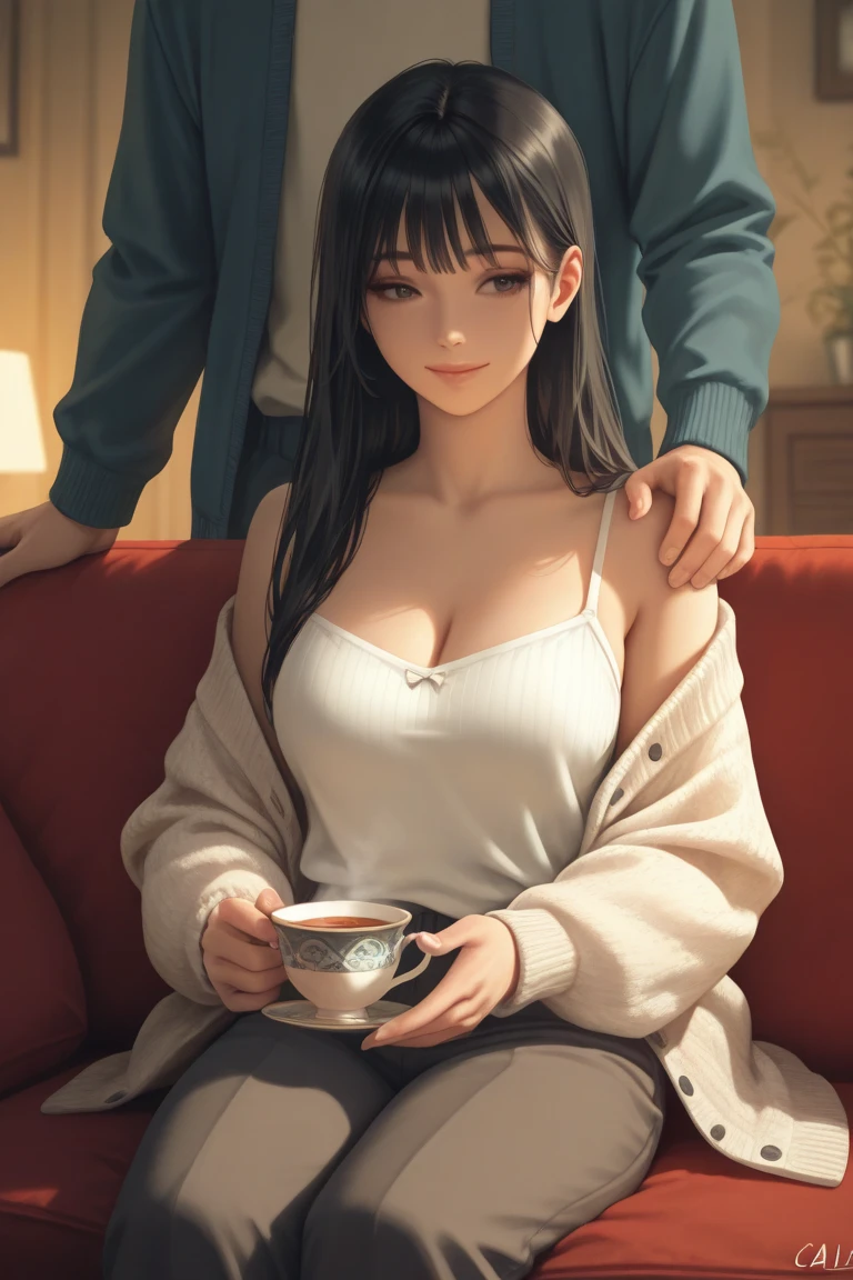 8K quality、High resolution、Realistic skin texture、High resolutionの瞳、Man sleeping on the counter、Woman straddling a man、A female cafe owner seduces a male customer、A neat cardigan and a mini skirt、thin、Model Body Type、Ripe body、Off the shoulder、Realistic female genitalia