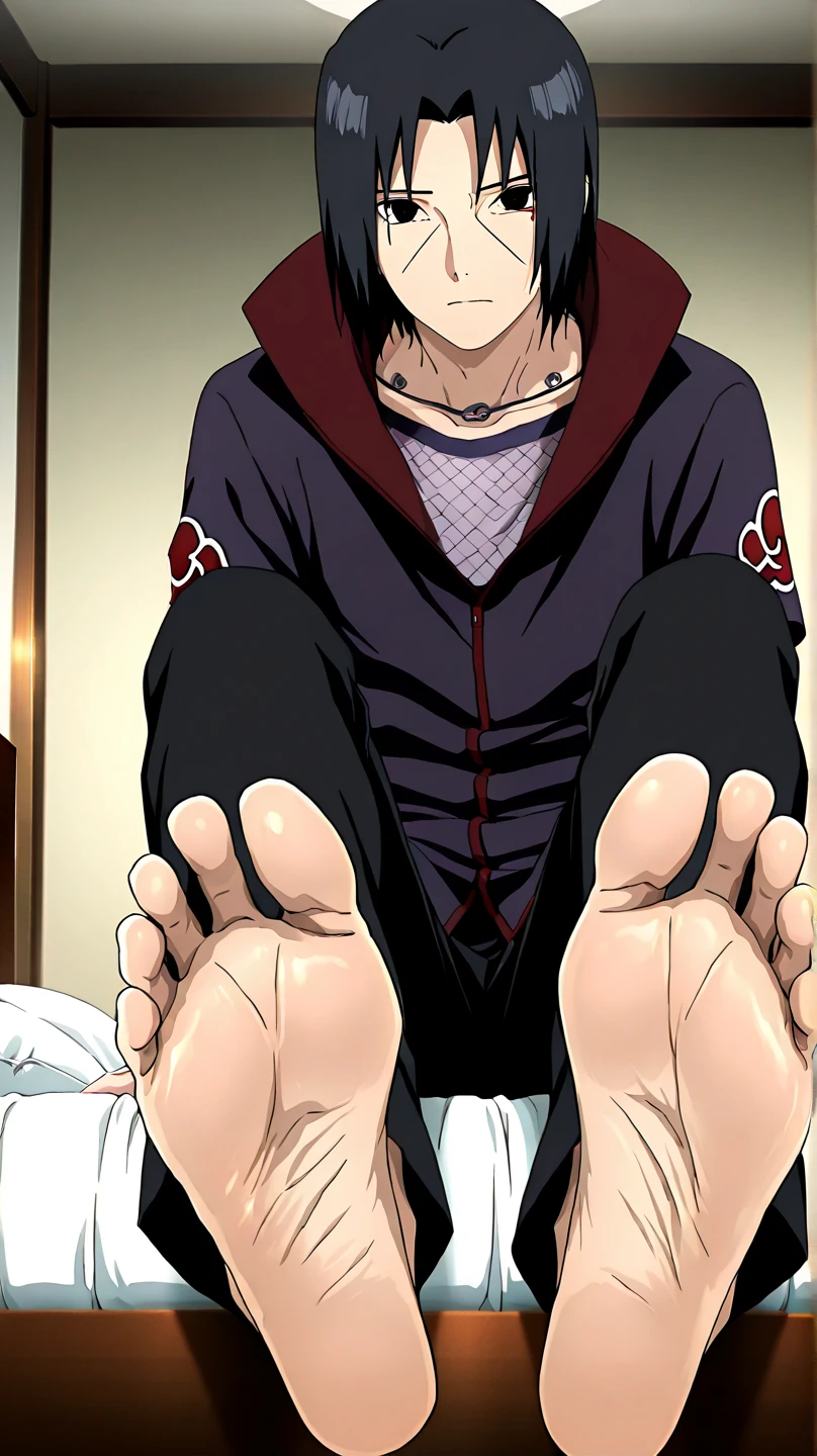 masterpiece, Highest quality, so beautiful, Absurd,Anatomically correct body,One boy, Male Focus, uchiha sasuke,naruto,View your viewers,Half naked,Show the soles of your feet, Perfect legs, Five-toed feet, Feet Focus, Two legs, 2 feet,12 years old