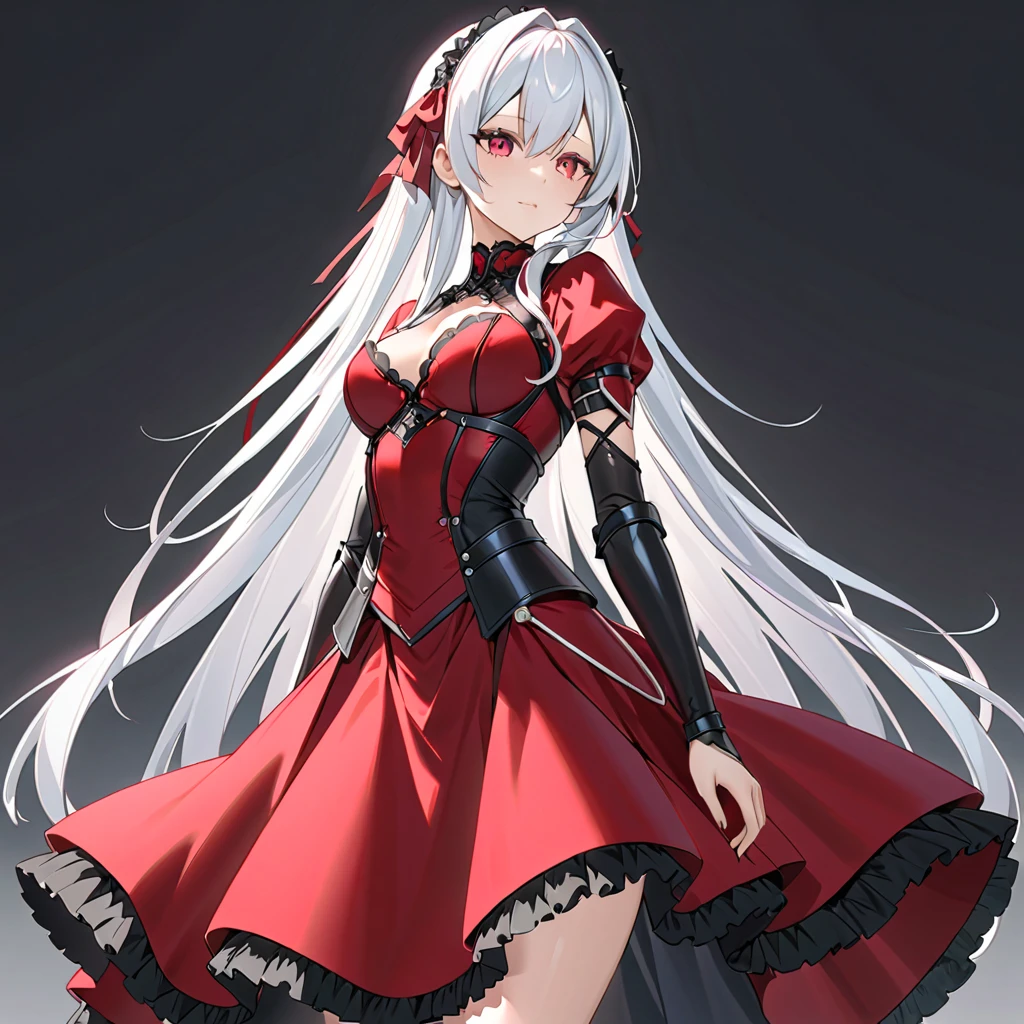 adult girl, Gray hair of medium length, red eyes, wolf ears, Red tight top, Sleeveless, fishnet tights, leather skirt, Masterpiece, hiquality