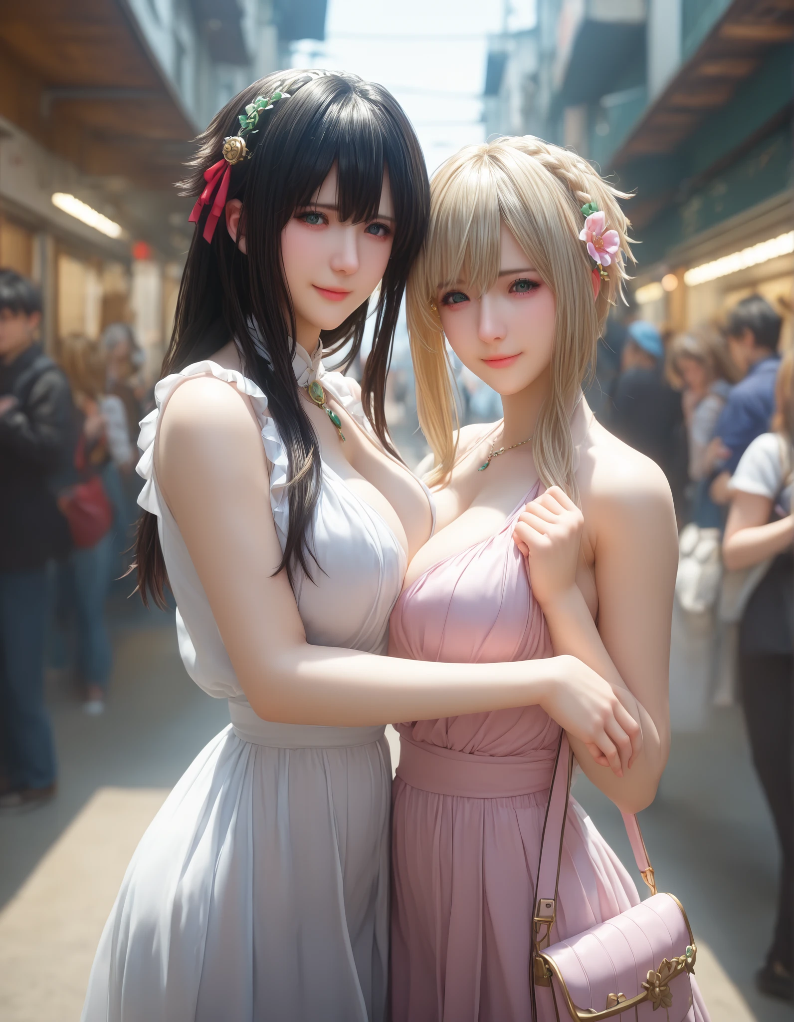 yuki yokoya and violet evergarden, two anime girls with big breasts, touching pose, full body shot, camera angle profesional, wearing long dres, holding women bag, oppai, oppai proportions, two beautiful anime girls (yuki yokoya and violet evergarden), big breasts!, big breasts!!, anime girls, with a large breasts, twintails, beauty eyes, faint smile on her face, hd, high quality image, head accessories, posing at tokyo street with sunny weather