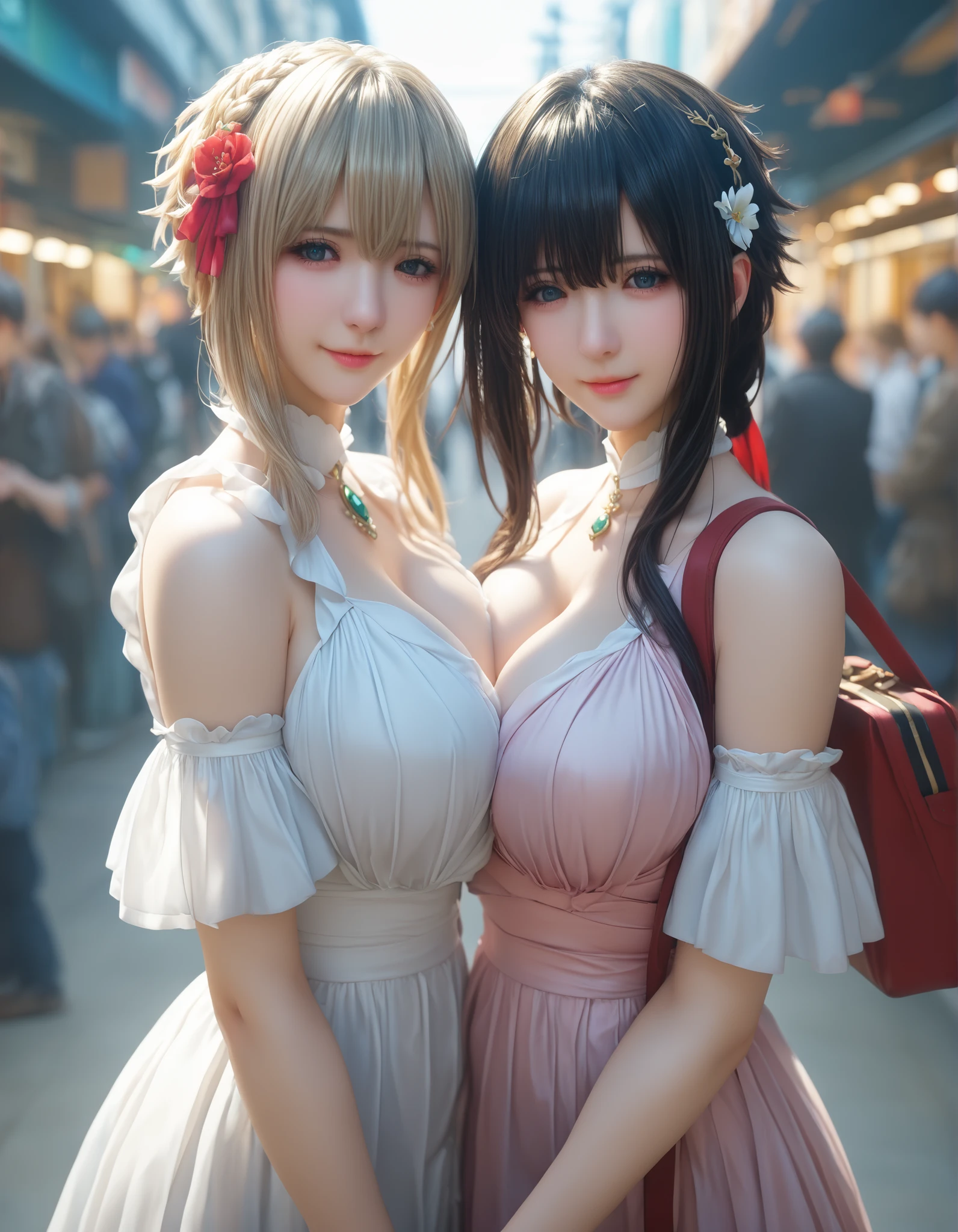 yuki yokoya and violet evergarden, two anime girls with big breasts, touching pose, full body shot, camera angle profesional, wearing long dres, holding women bag, oppai, oppai proportions, two beautiful anime girls (yuki yokoya and violet evergarden), big breasts!, big breasts!!, anime girls, with a large breasts, twintails, beauty eyes, faint smile on her face, hd, high quality image, head accessories, posing at tokyo street with sunny weather
