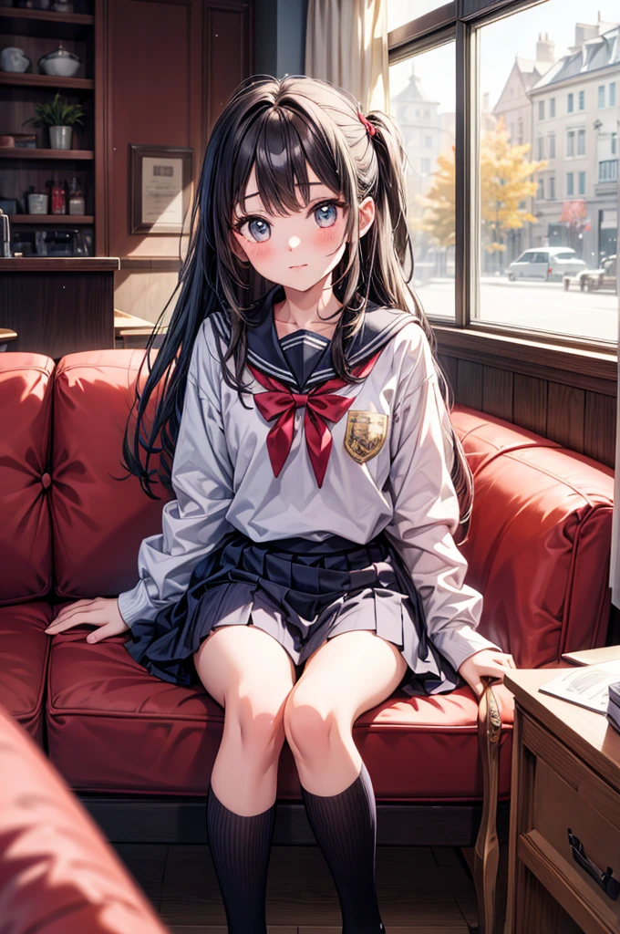 A secondary anime illustration of a woman sitting on a chair with one knee raised, with only the lower half of her body captured from the side, skirt, socks