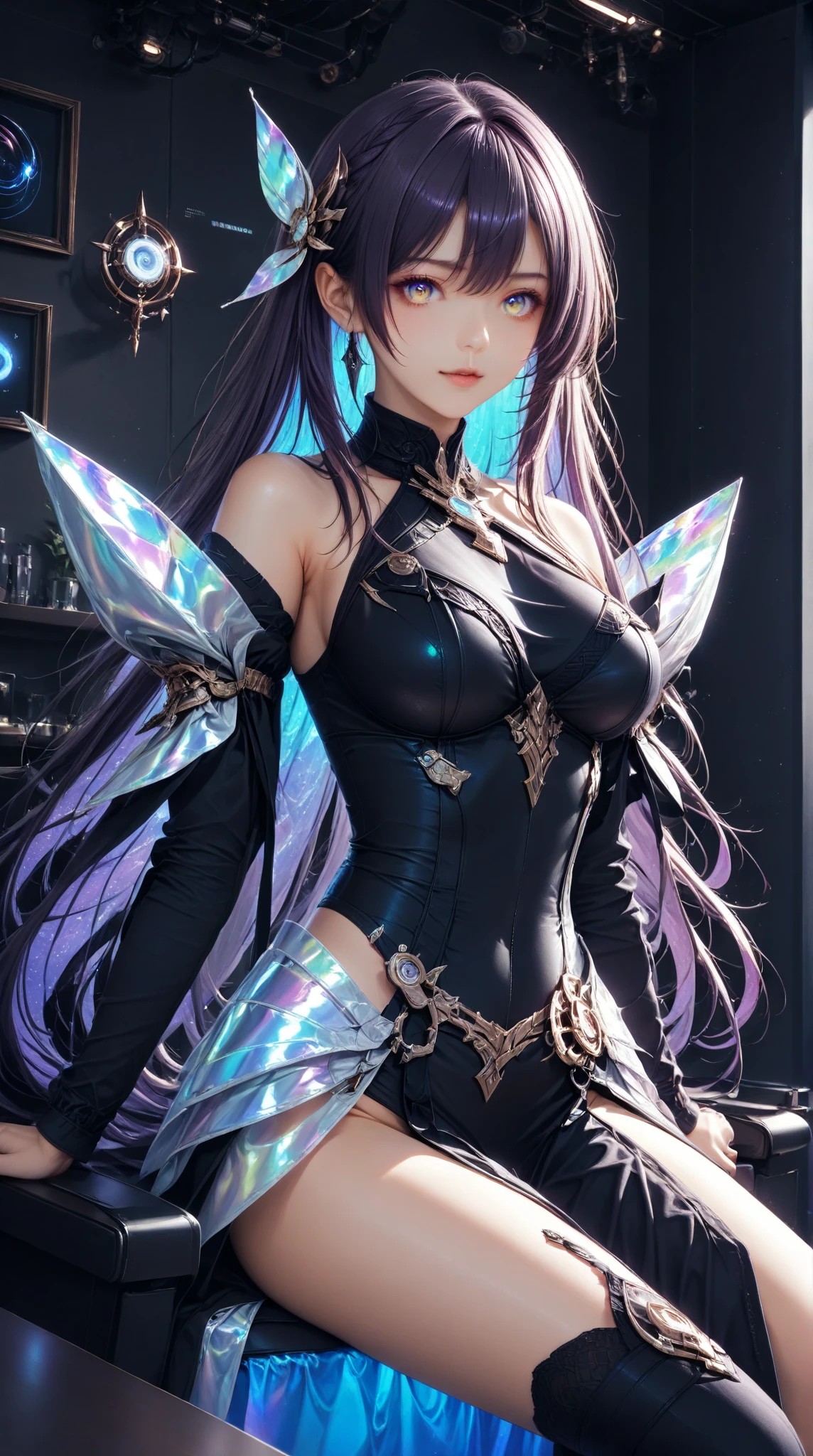 Girl with large thighs small waist and , detailed long black iridescent hair, detailed iridescent eyes, 8k