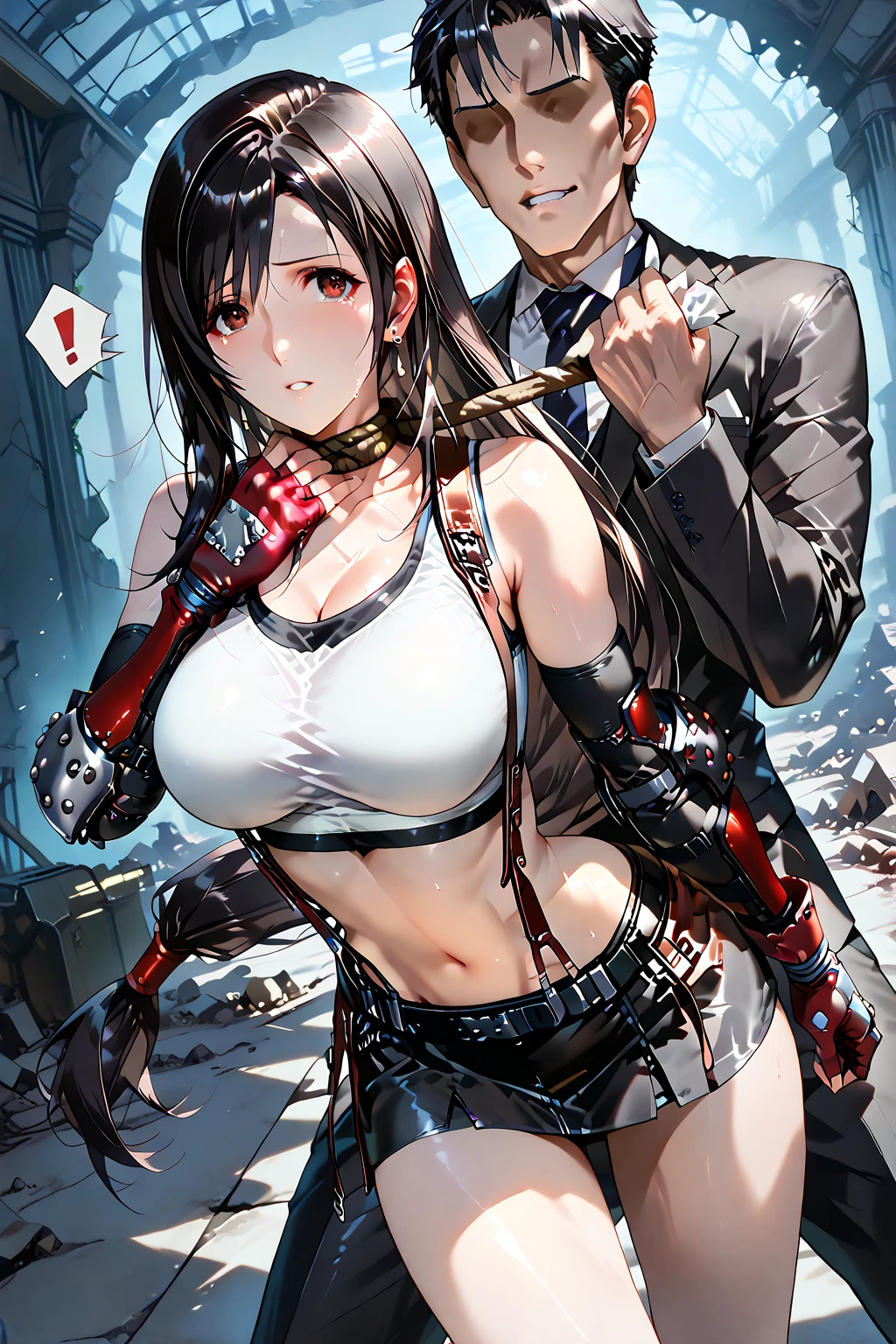 1 Beautiful Girl middle School girls, Tifa, Low rise, mini skirt, White tank top, Nervous Shirt, Black Hair, Long Hair, Long gloves with elbow pads, (Black Suspenders:1.4), (White short tank top:1.7), Beautiful navel, Browsing Caution, (blush), masterpiece, highest quality, High resolution, (40 year old mafia man, penis:1.4), Perfect limbs, (Mating press:1.2), sexual intercourse, ((((penis enters vagina)))), behind, Spread your legs, Depicting a beautiful vagina, ((Binding, Arms behind your back:1.2)), ((Restrained by rope The rope emphasizes her breasts and digs into her crotch.)), A beautiful girl has sexual intercourse with a man