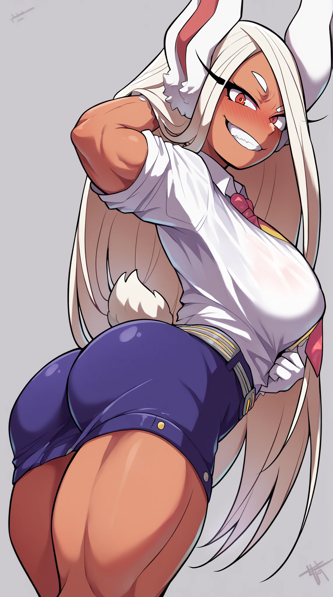 (top-quality、​masterpiece)、1girl in、A stunning、A smile、a blond、barechested、School Uniforms、A stunning、(((Brown skin tone)))、sun burn、Mole、(((Colossal tits)))、large full breasts、Sheer areol、Kicking、Pink underwear is visible、Show underwear、neck tie、I can see my chest a little