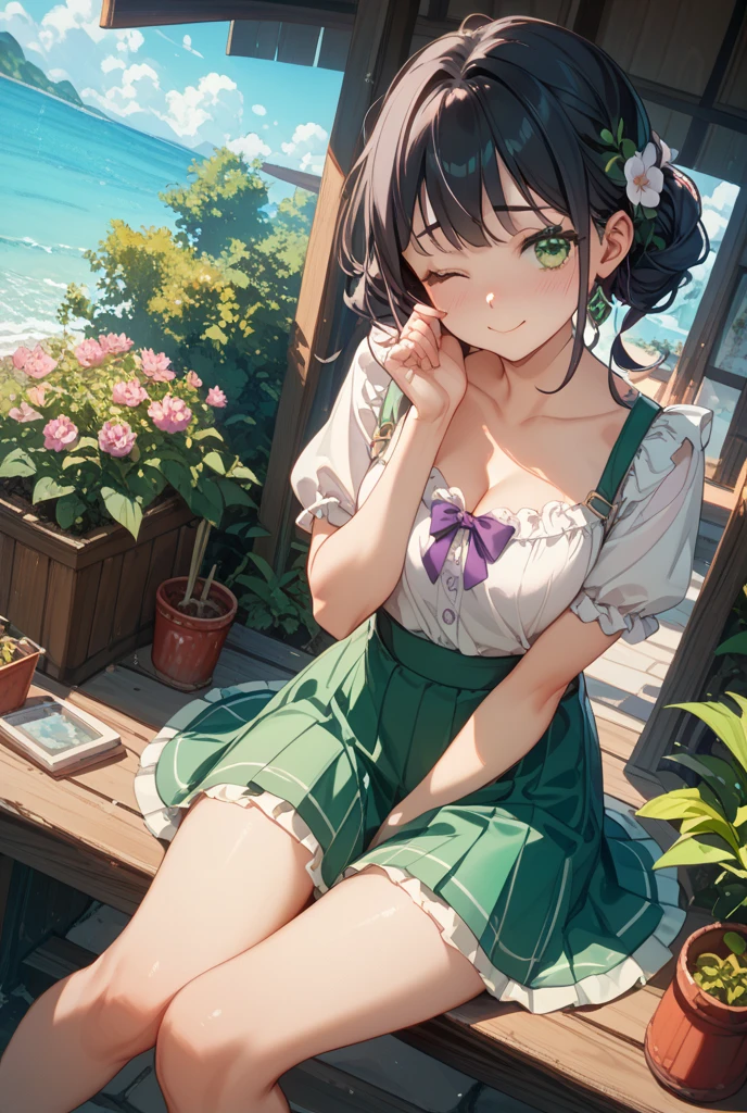 anegasaki nene、Shiny brown hair, short hair, (Beautiful brown eyes、Sparkling eyes, Fine grain)、smile、Ultra-detailed eyes、Very detailed顔, Very detailed目,
最high quality、
Very delicate and beautiful, wonderful, In detail, masterpiece, Very detailed, High resolution,Best illustrations, Best Shadow,complicated,Sharp focus, high quality,
1 female, alone, Kaveh Genshin Impact, Green Mini Dress、Small breasts、Cleavage、Glass greenhouse, Potted flowers, Flowers for sale, Woman looking at flowers, Flowers are blooming everywhere