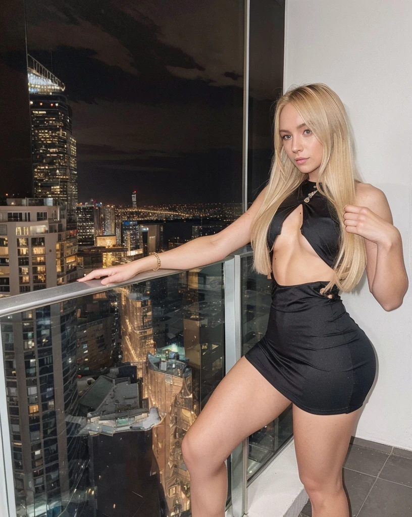 Generates an ultra-realistic 4K image of a beautiful woman with silver hair and white skin, dressed in an elegant, tight-fitting black dress. The dress has a deep V-neckline and golden accessories that add a touch of luxury. She is standing on the balcony of a luxury rooftop bar at night, with the city lights shining in the background. Her confident posture and sensual gaze create a powerful, sexy and elegant atmosphere. Focus on the detailed textures of the dress, the ambient city lights and the overall glamorous atmosphere.