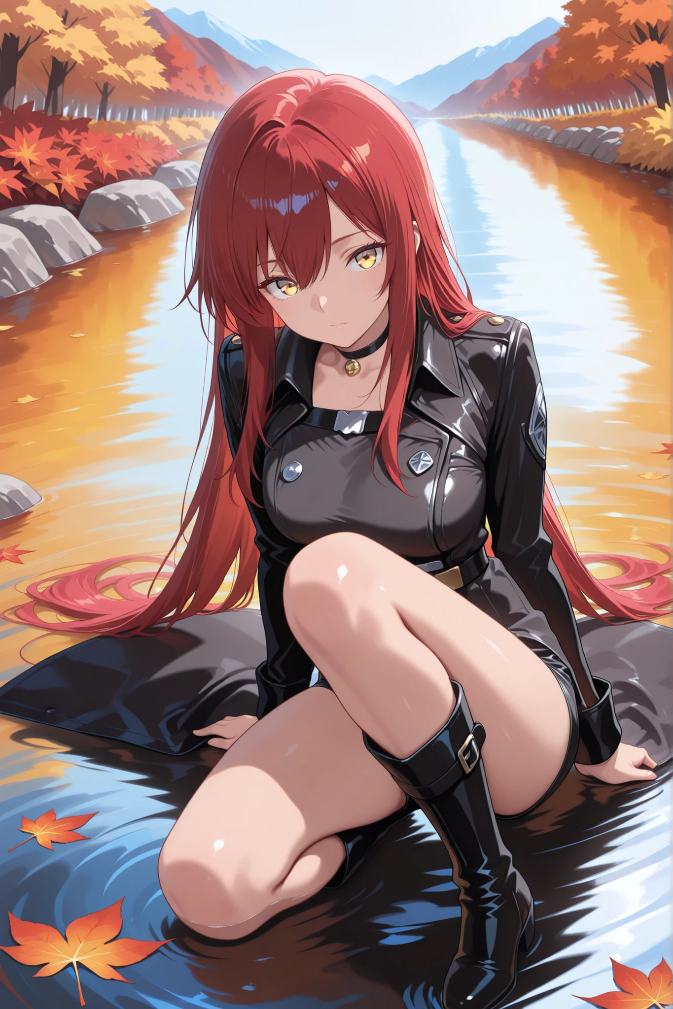 masterpiece , best quality , amazing quality , very aesthetic , absurdres , highres , newest , HDR , 8K , high detail RAW color art , sharpe pupil , eyelashes BREAK Japanese autumn landscape, mountains covered in vibrant autumn foliage, with shades of red, orange, and yellow blending harmoniously, stream flows through the scenery, with fallen leaves floating on the water, warm sunlight softly illuminates the landscape BREAK 1girl, solo, portrait, very long hair, red hair, long sidelocks, golden eyes, closed mouth, hair between eyes, looking at viewer, black short shorts, black kneeling boots, black belt , black choker , black coat , Straight hair