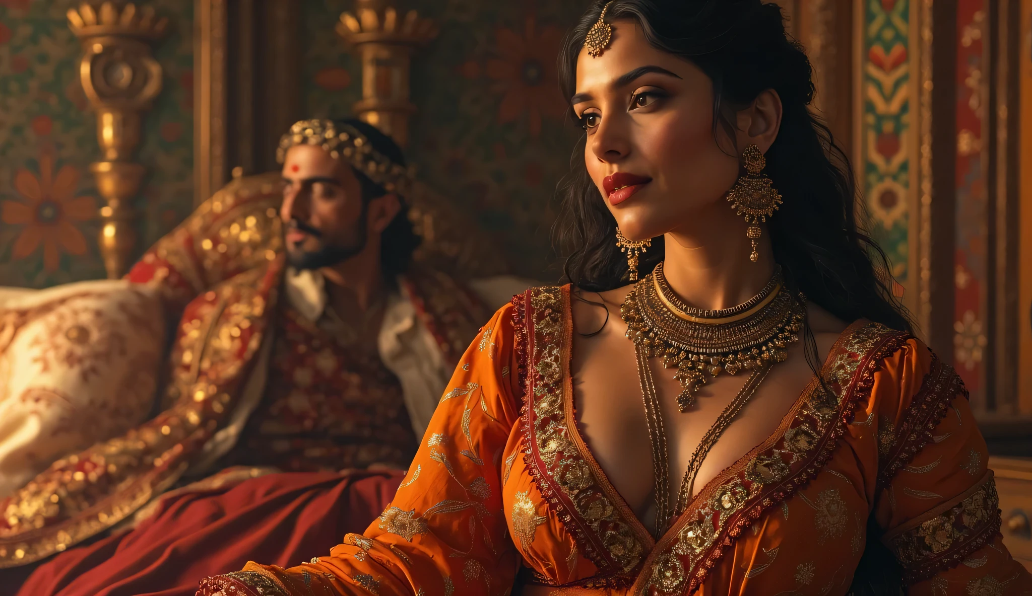 Generar una imagen que represente a Cleopatra pelo lacio ojos verdes vestida de blanco con mucho oro, next to Julius Caesar in his realistic armor dressed in red and gold, in an image depicting the relationship and political alliance between them.