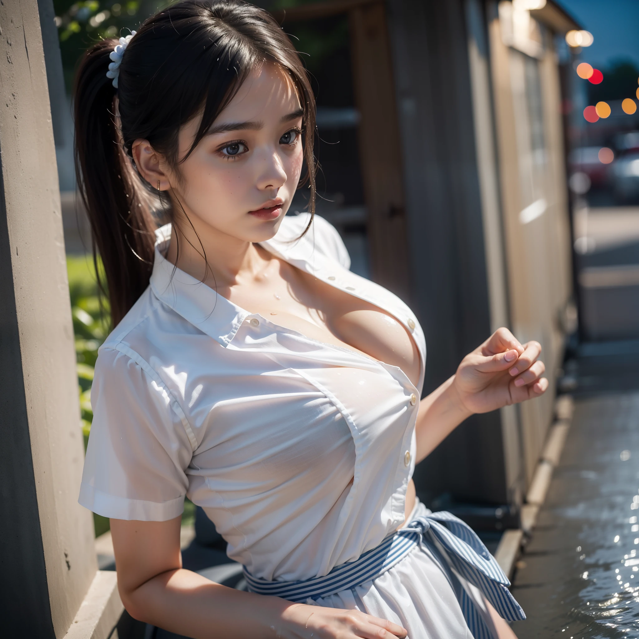 (((Full body shot，Close-up photo)))、(((long hair，Bun hairstyle)))、(((Rainy Day，get wet)))、(((White summer chiffon shirt，get wet雪紡衫)))、18 years old、angry、girl、Plump breasts、Point on chest、Penetrating breasts、Showing nipples、Light eye makeup、Ultra-realistic faces、High resolution 16K、Skin texture must be natural、Use natural light and color、 High-quality photos taken by AV Model Agency.